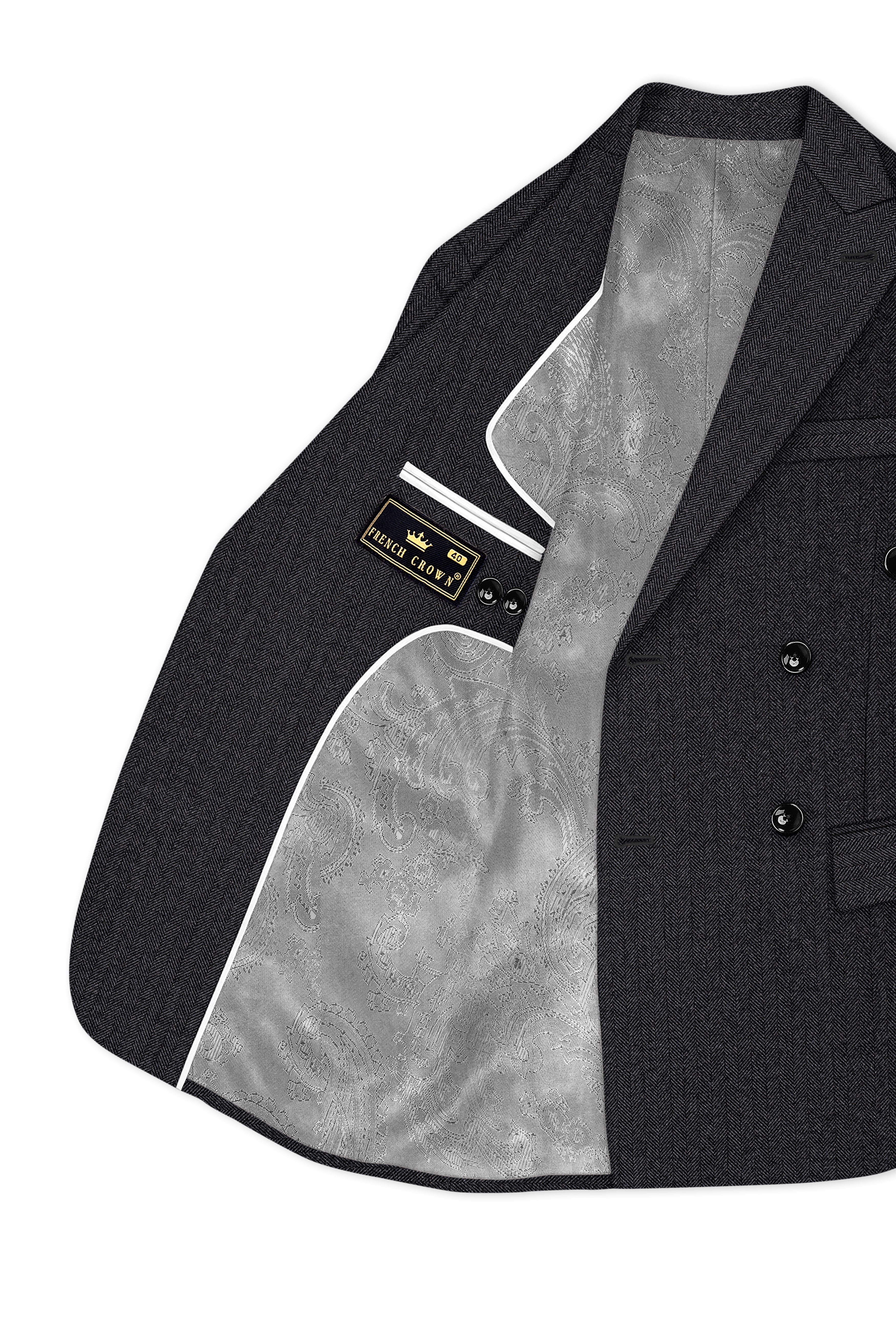 Imperion-Charcoal Gray Herringbone Textured Tweed Double Breasted Blazer