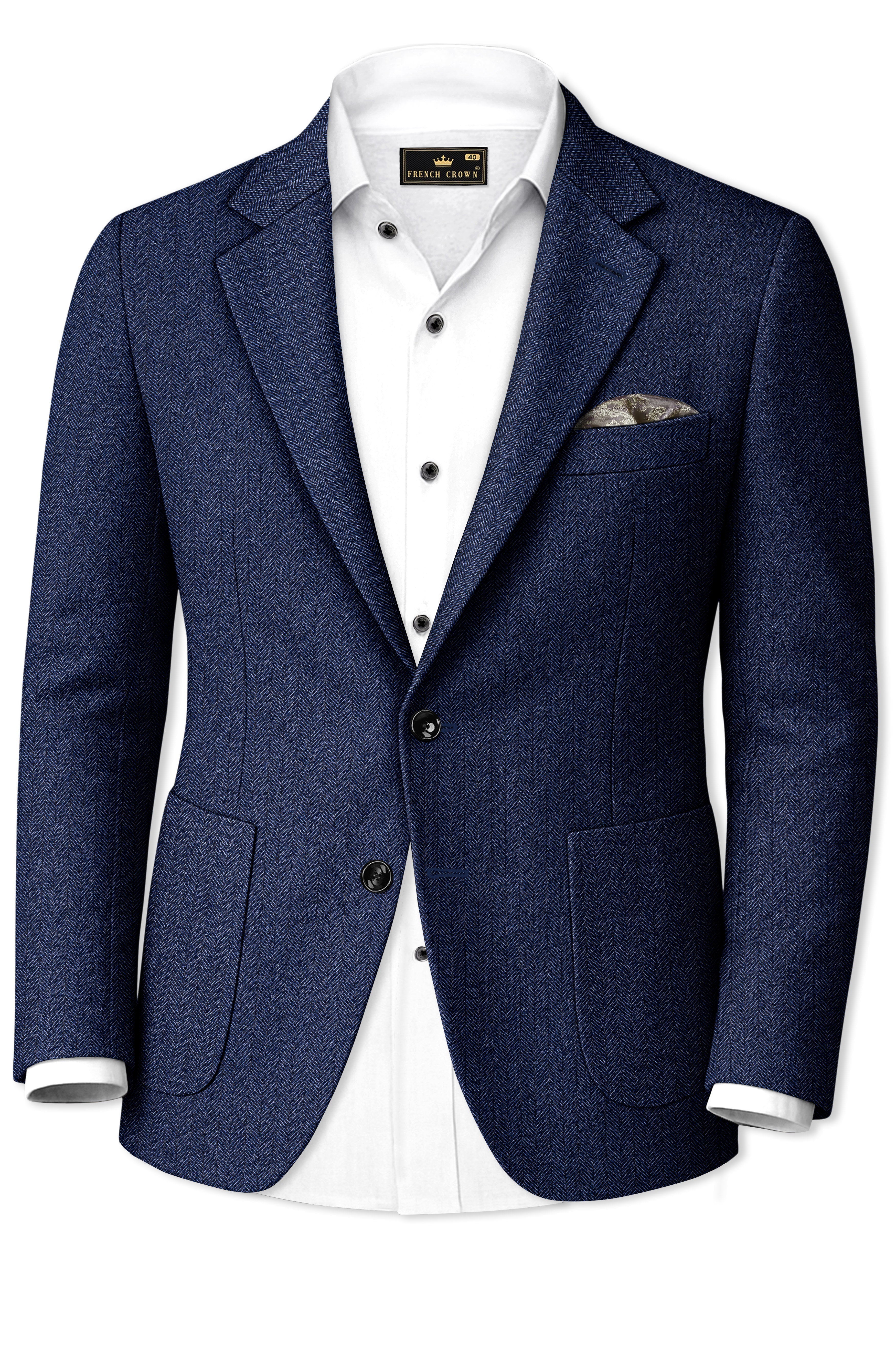 Aurevu-Vulcan Blue Herringbone Textured Tweed Single Breasted Sports Blazer