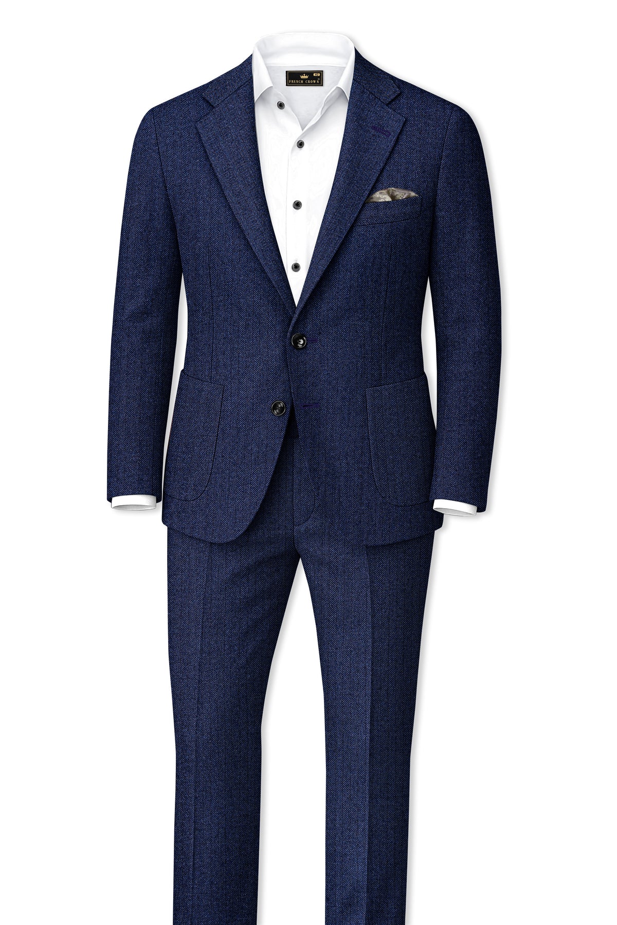 Aurevu-Vulcan Blue Herringbone Textured Tweed Single Breasted Sports Blazer
