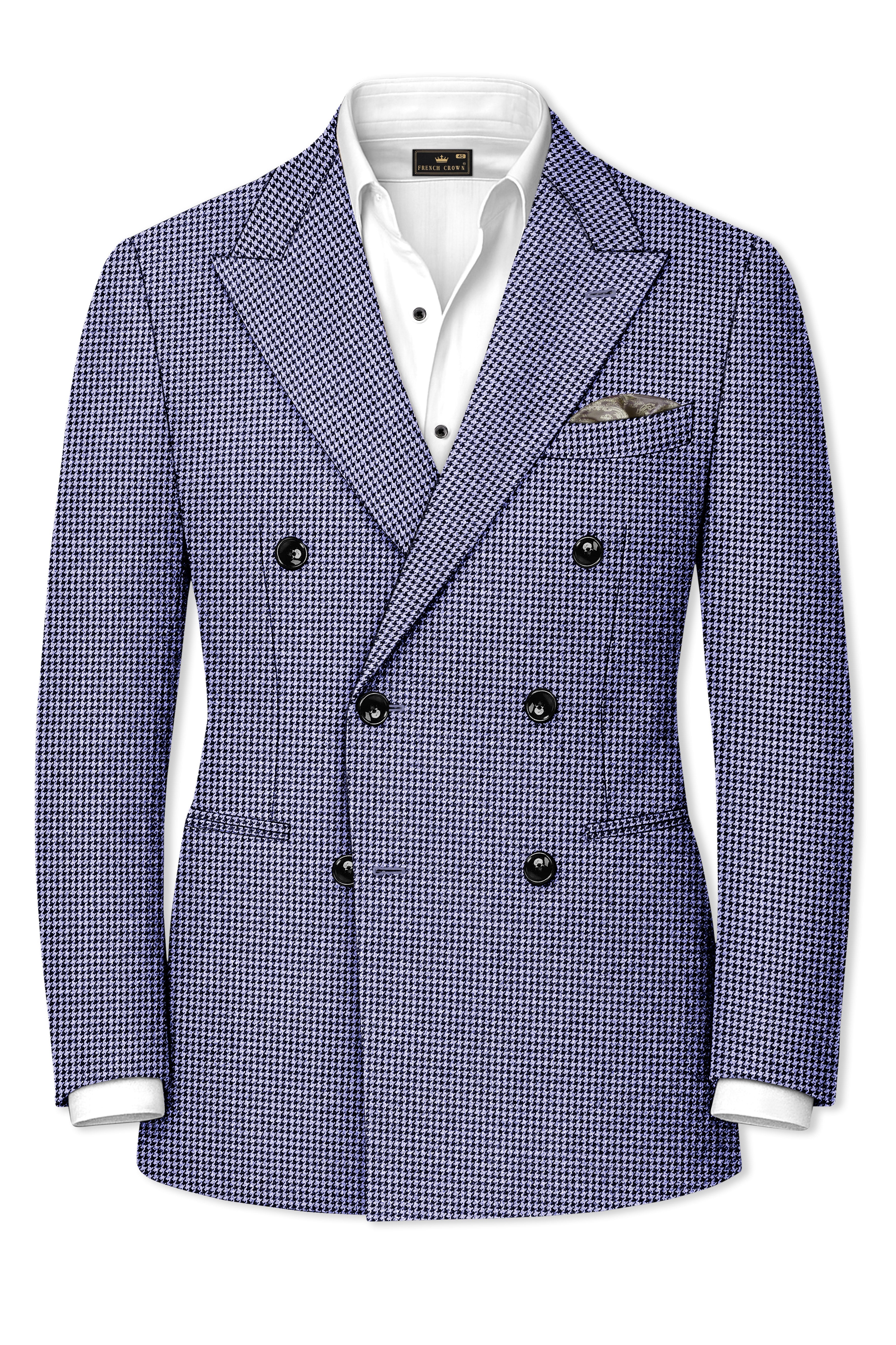 Dusk-Mulled Blue Classic Houndstooth Textured Tweed Double Breasted Blazer
