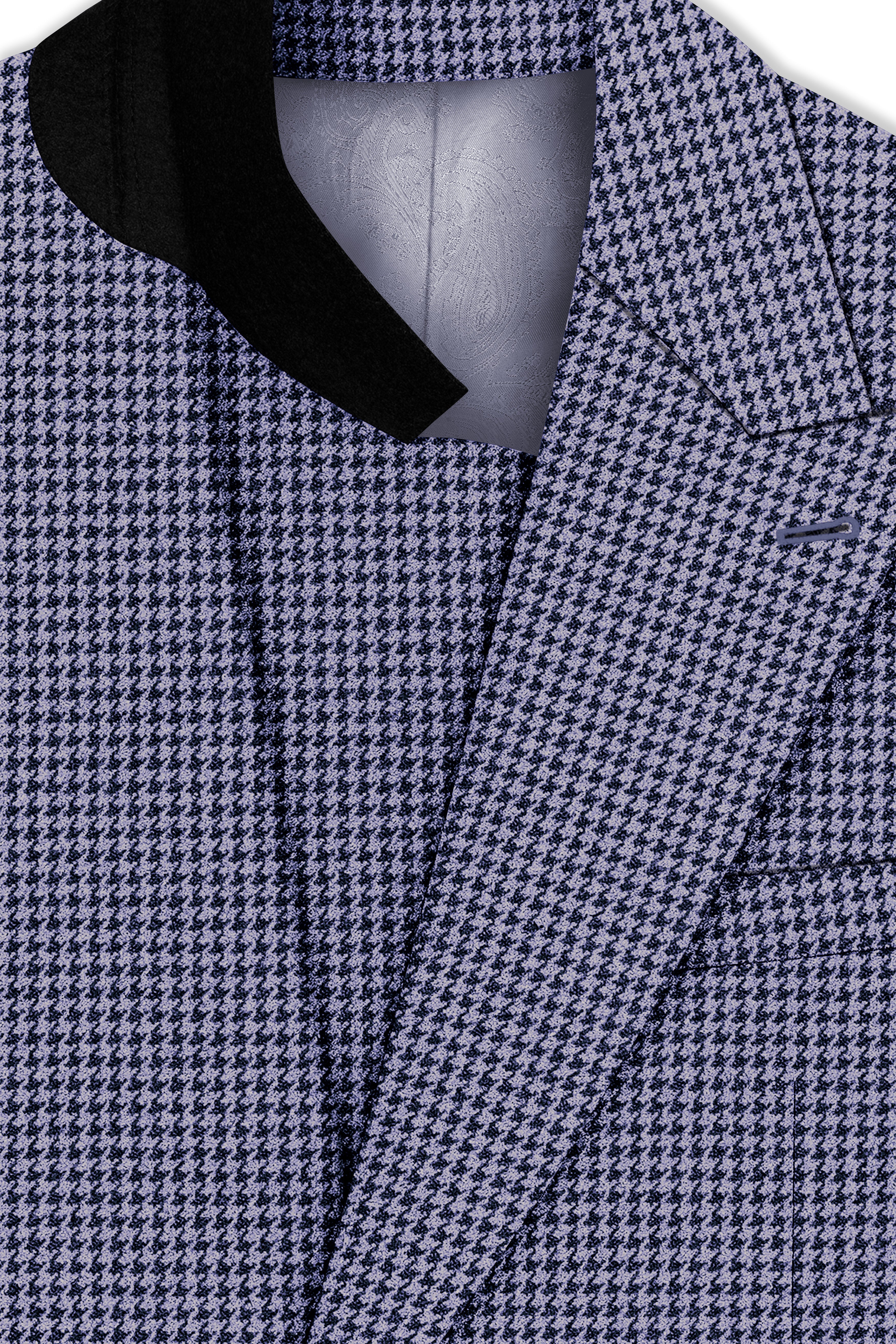 Dusk-Mulled Blue Classic Houndstooth Textured Tweed Double Breasted Blazer