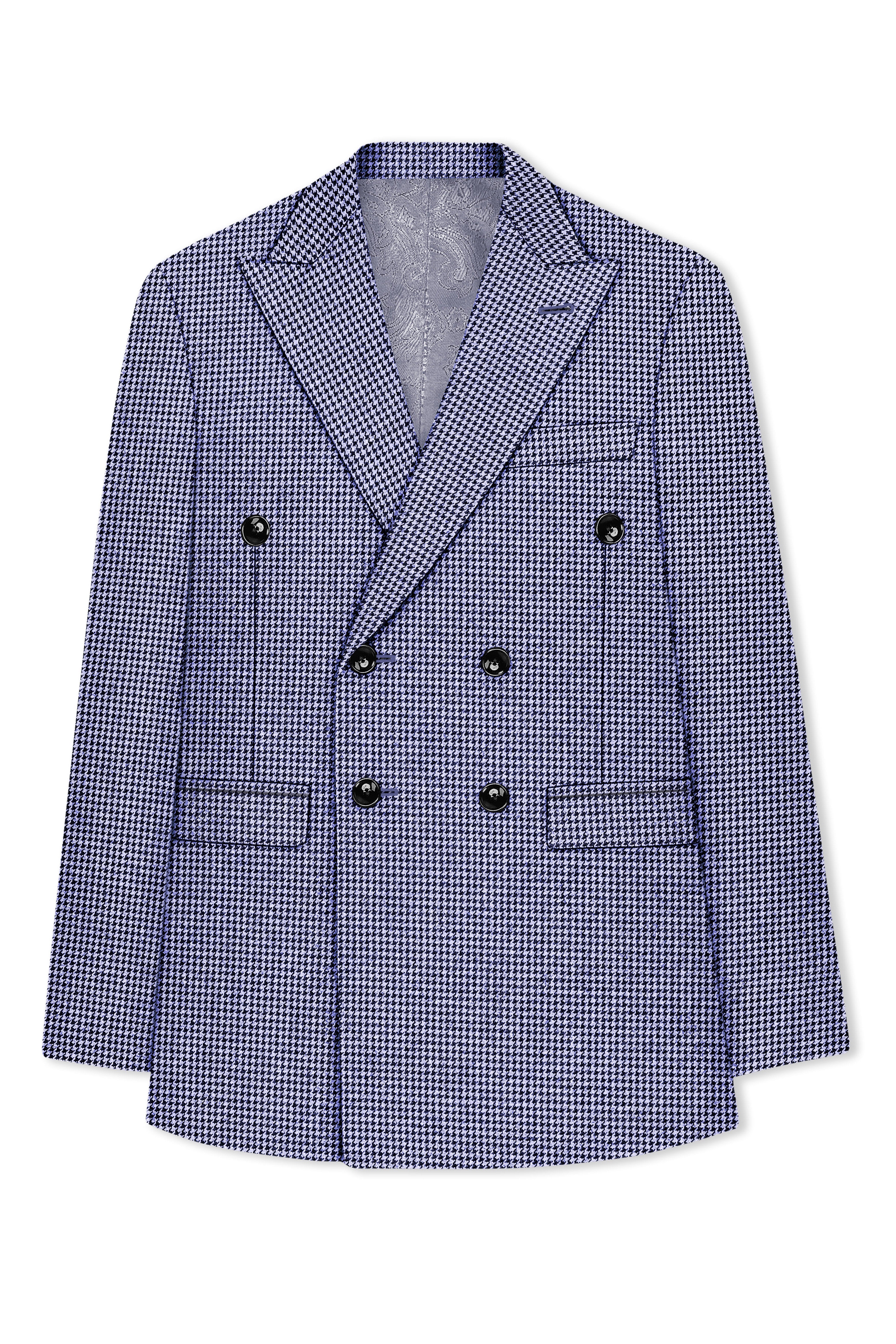 Dusk-Mulled Blue Classic Houndstooth Textured Tweed Double Breasted Blazer