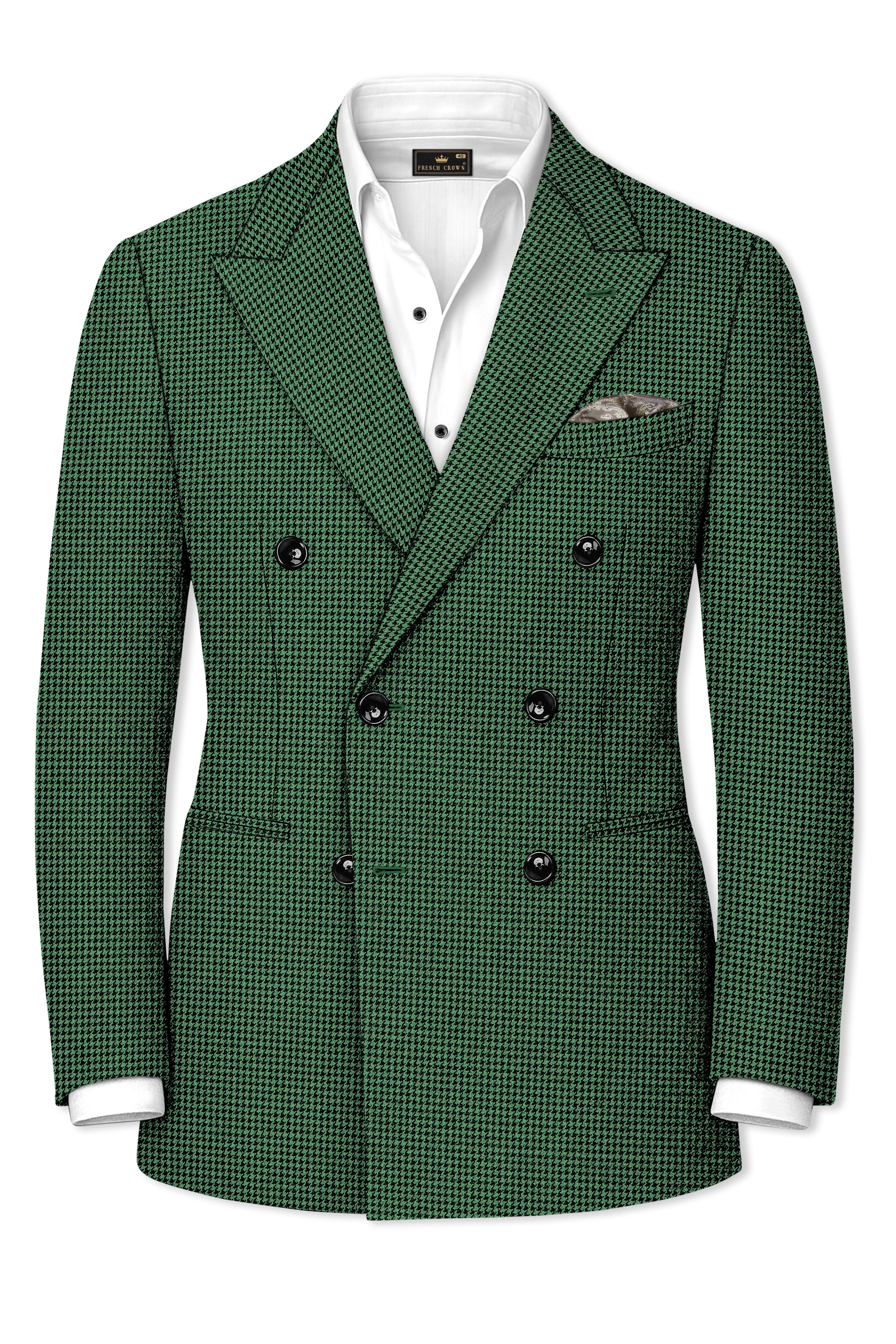 Regent-Plantation Green Classic Houndstooth Textured Tweed Double Breasted Blazer