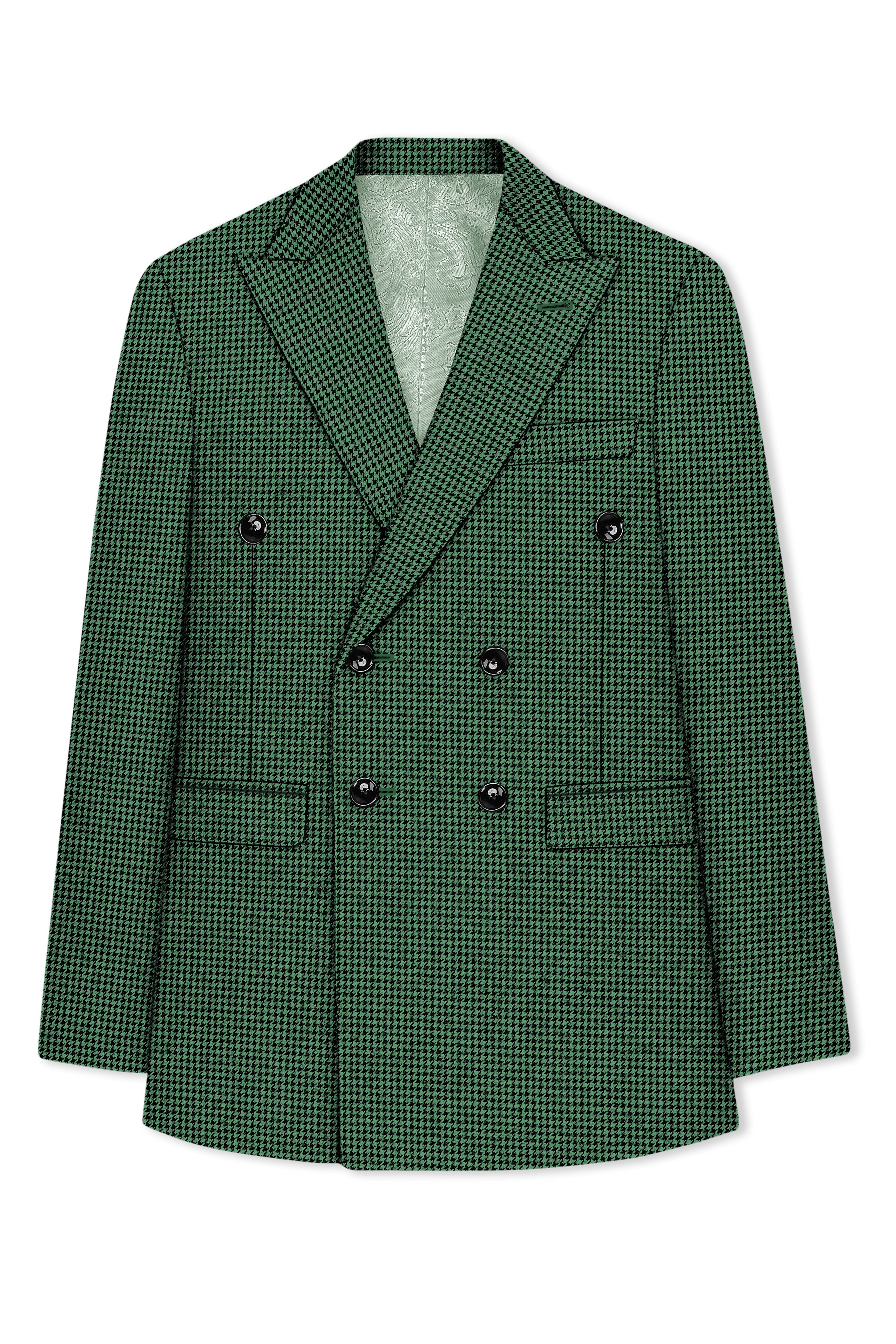 Regent-Plantation Green Classic Houndstooth Textured Tweed Double Breasted Blazer
