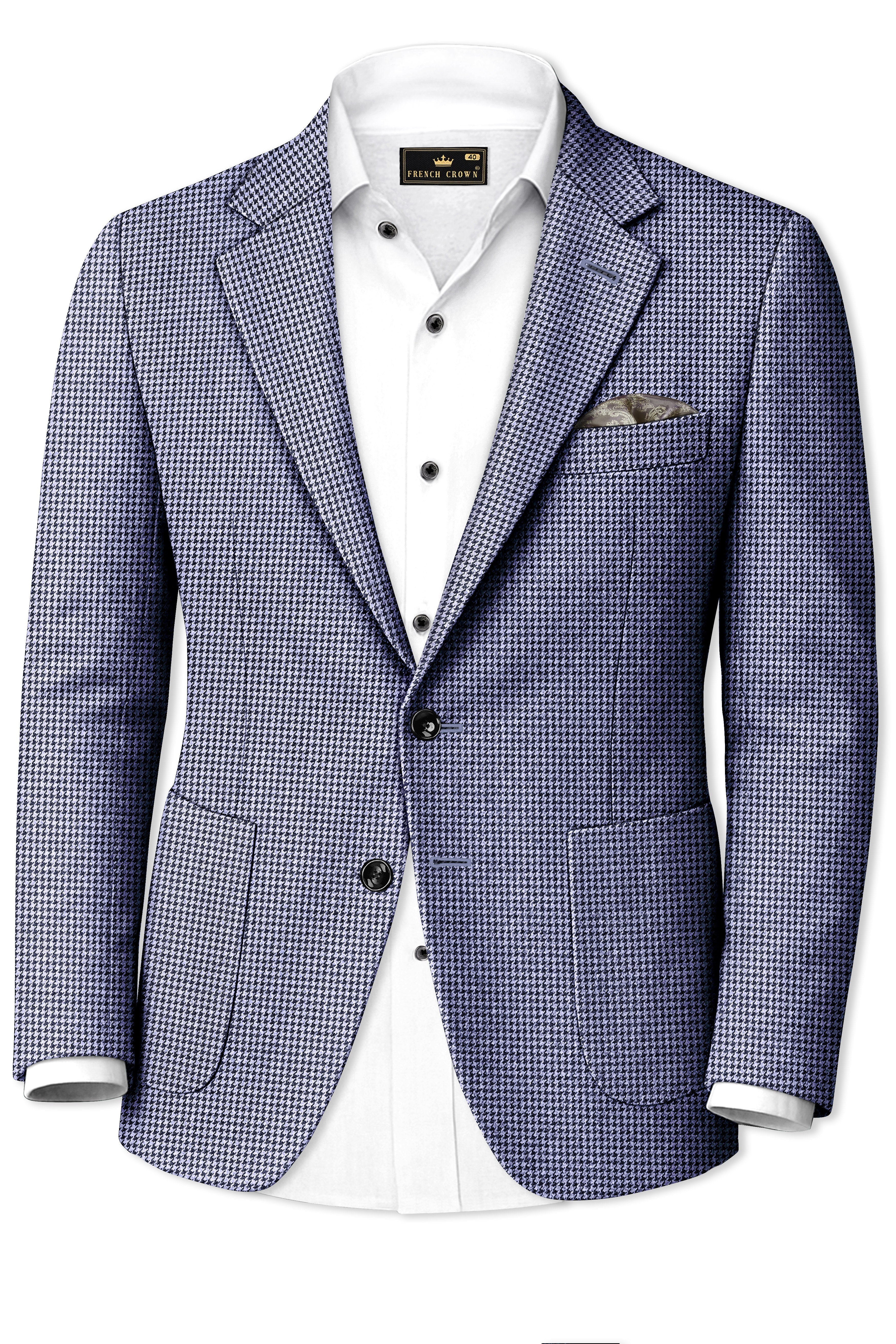 Dusk-Mulled Blue Classic Houndstooth Textured Tweed Single Breasted Sports Blazer