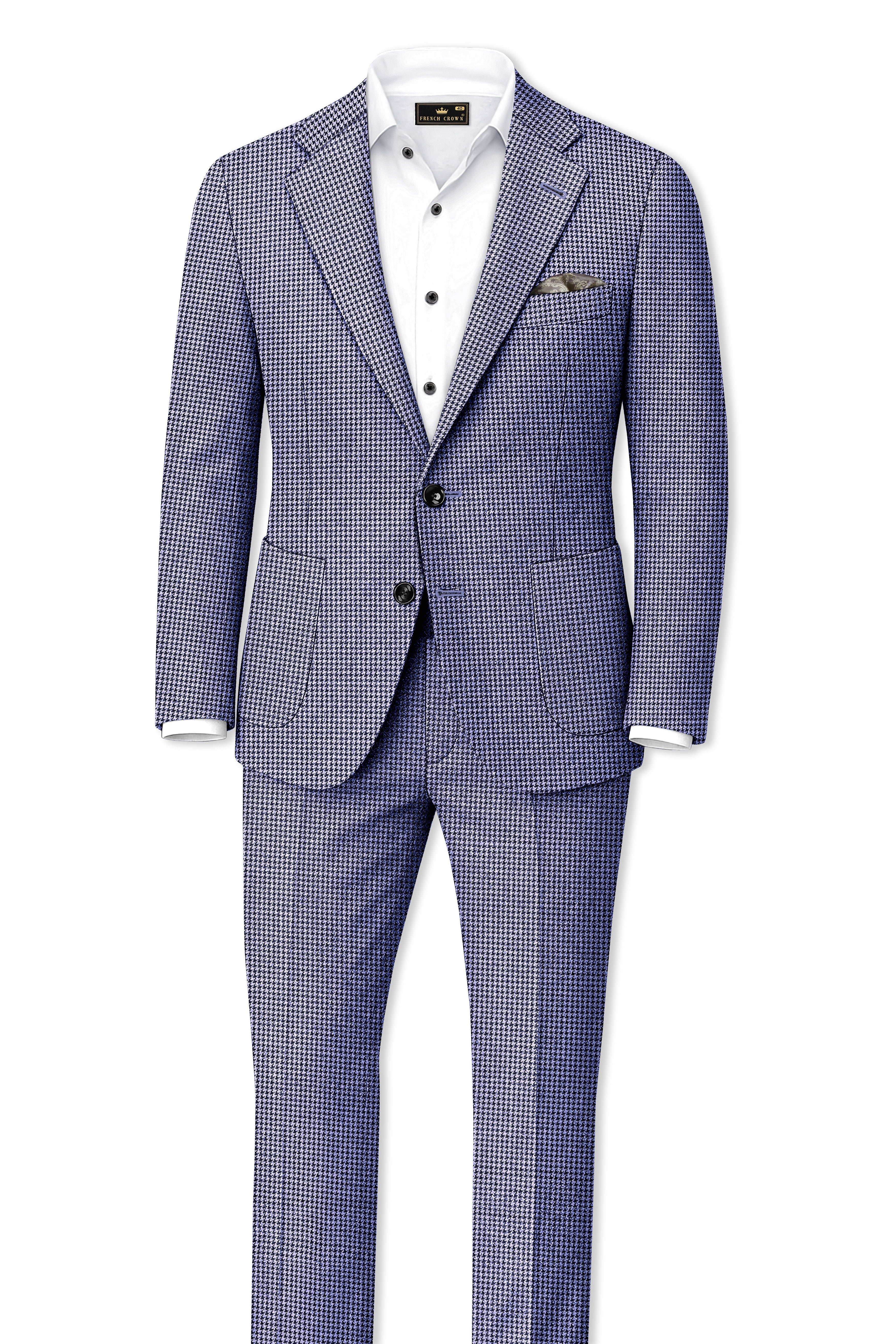 Dusk-Mulled Blue Classic Houndstooth Textured Tweed Single Breasted Sports Blazer