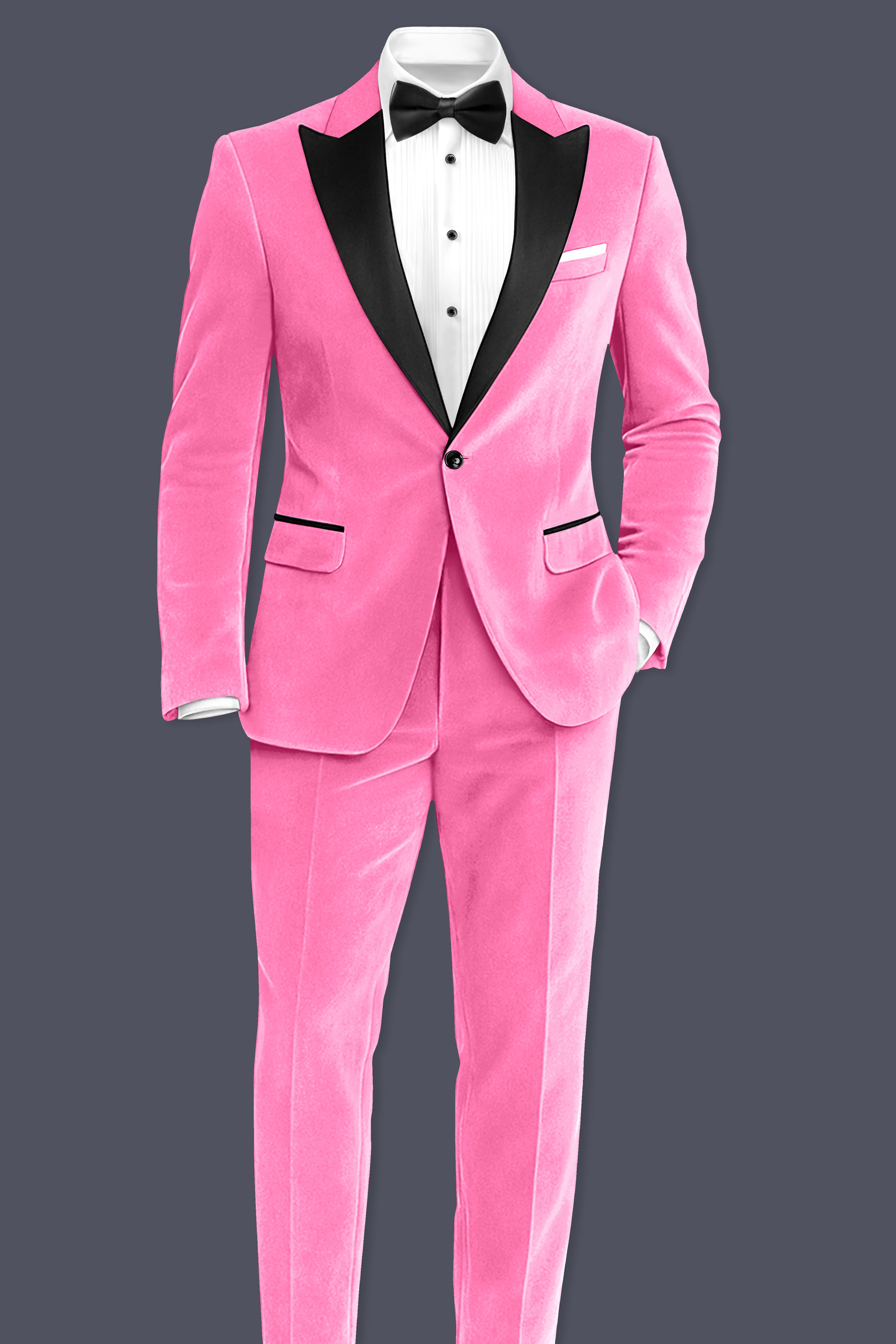 Regalis-Carnation Pink Velvet Peak Lapel Tuxedo Blazer