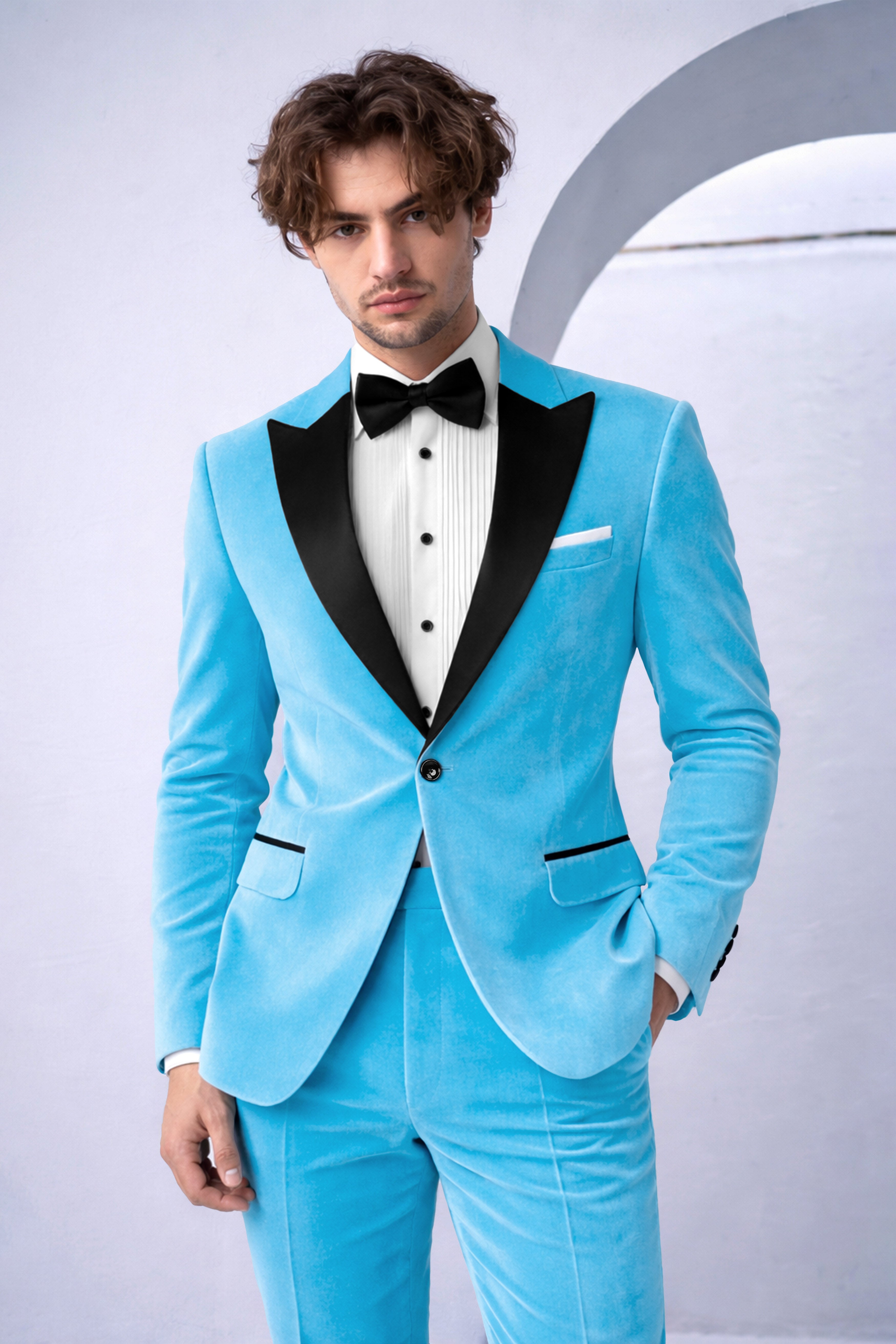 Azurion-Picton Blue Velvet Peak Lapel Tuxedo Blazer
