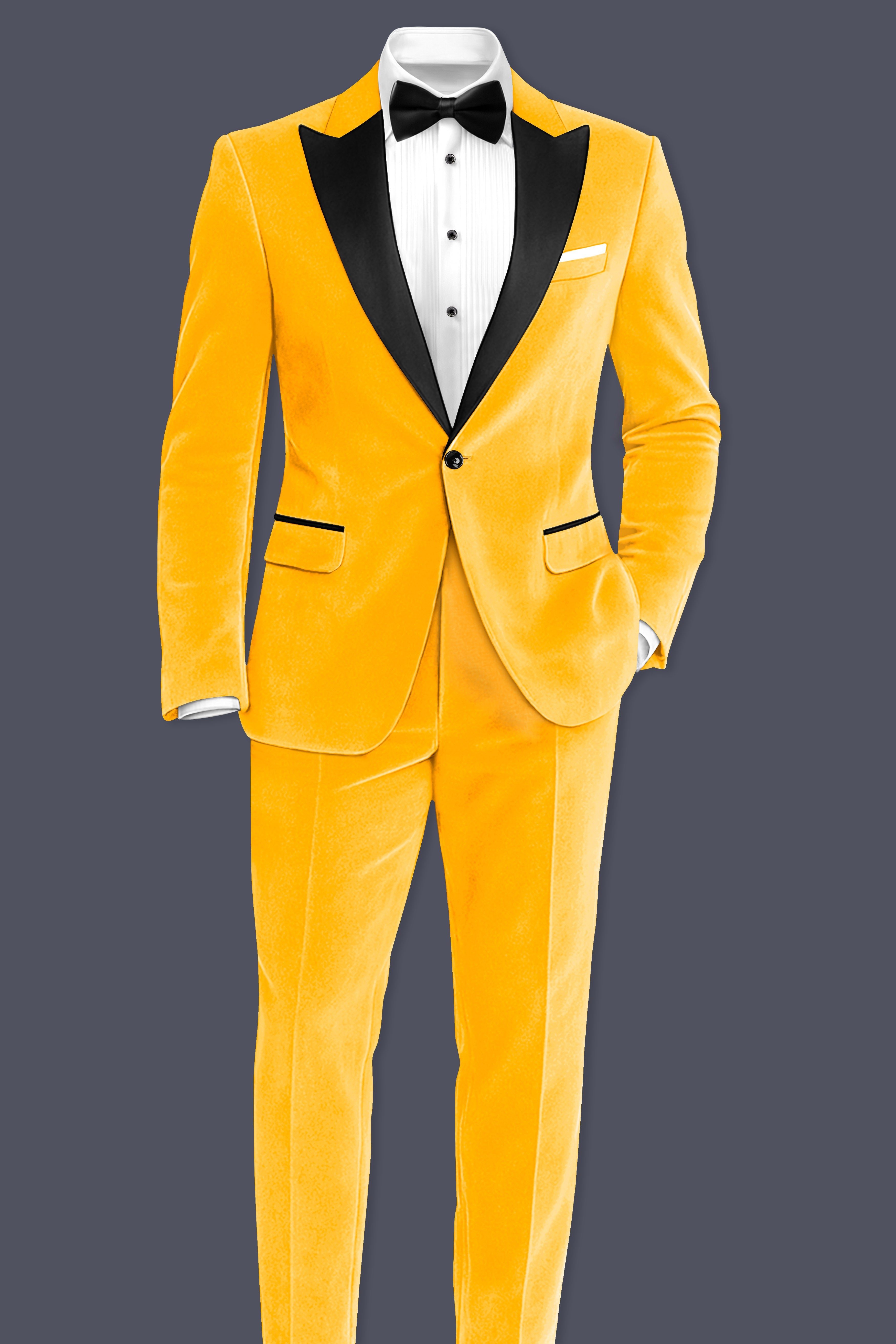 Marquis-Selective Yellow Velvet Peak Lapel Tuxedo Blazer