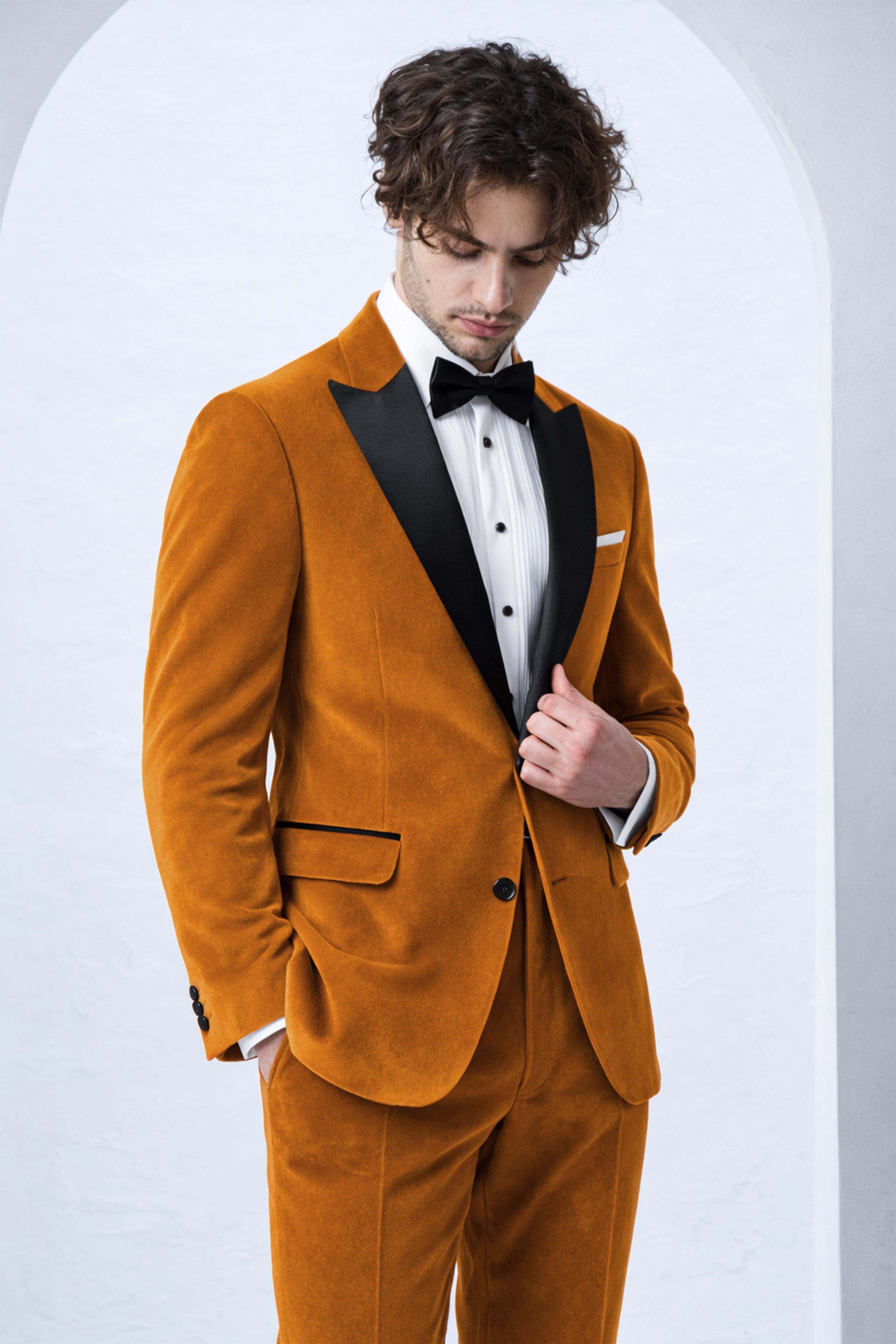 Volcan-Fiery Orange Velvet Peak Lapel Tuxedo Blazer