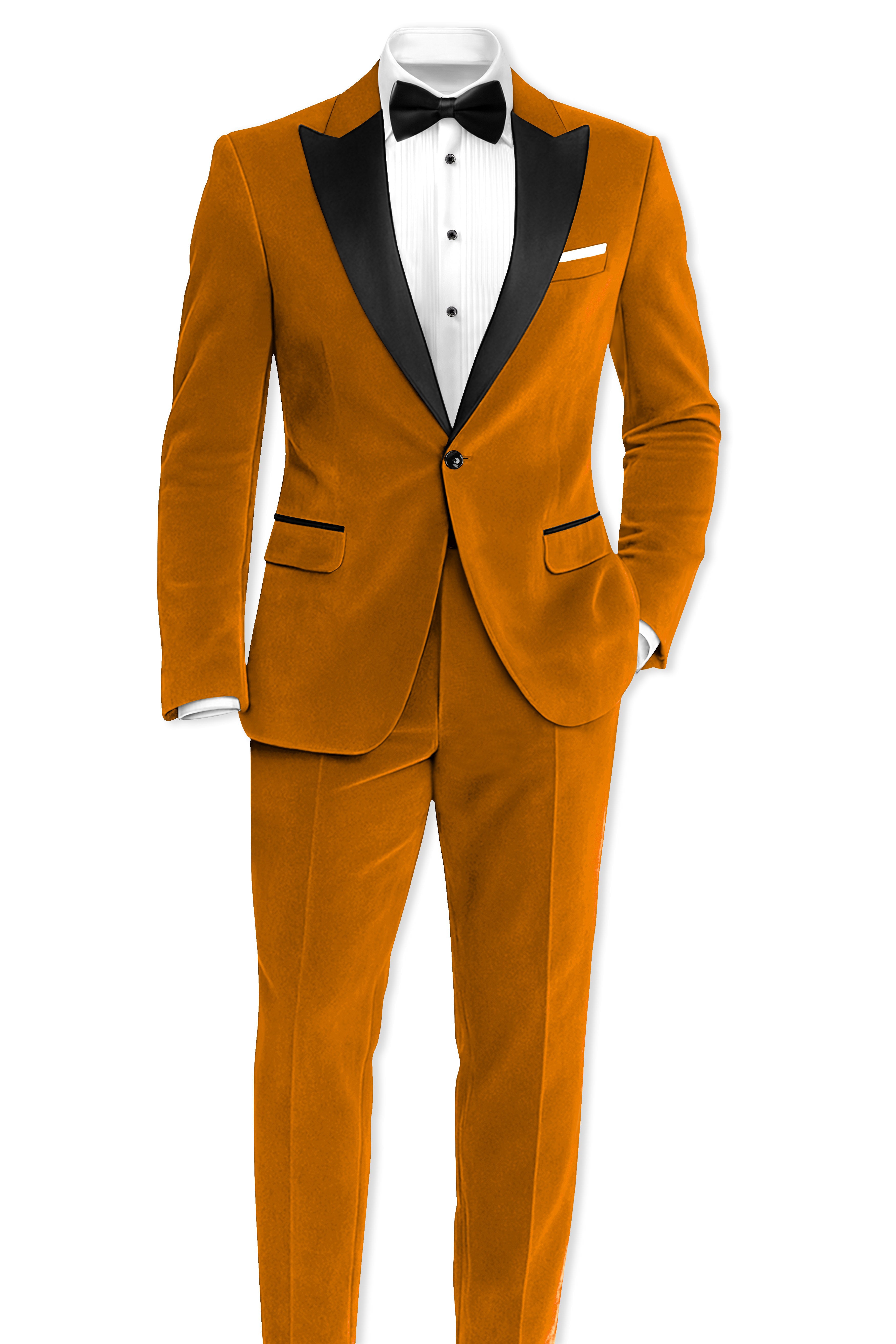Volcan-Fiery Orange Velvet Peak Lapel Tuxedo Blazer