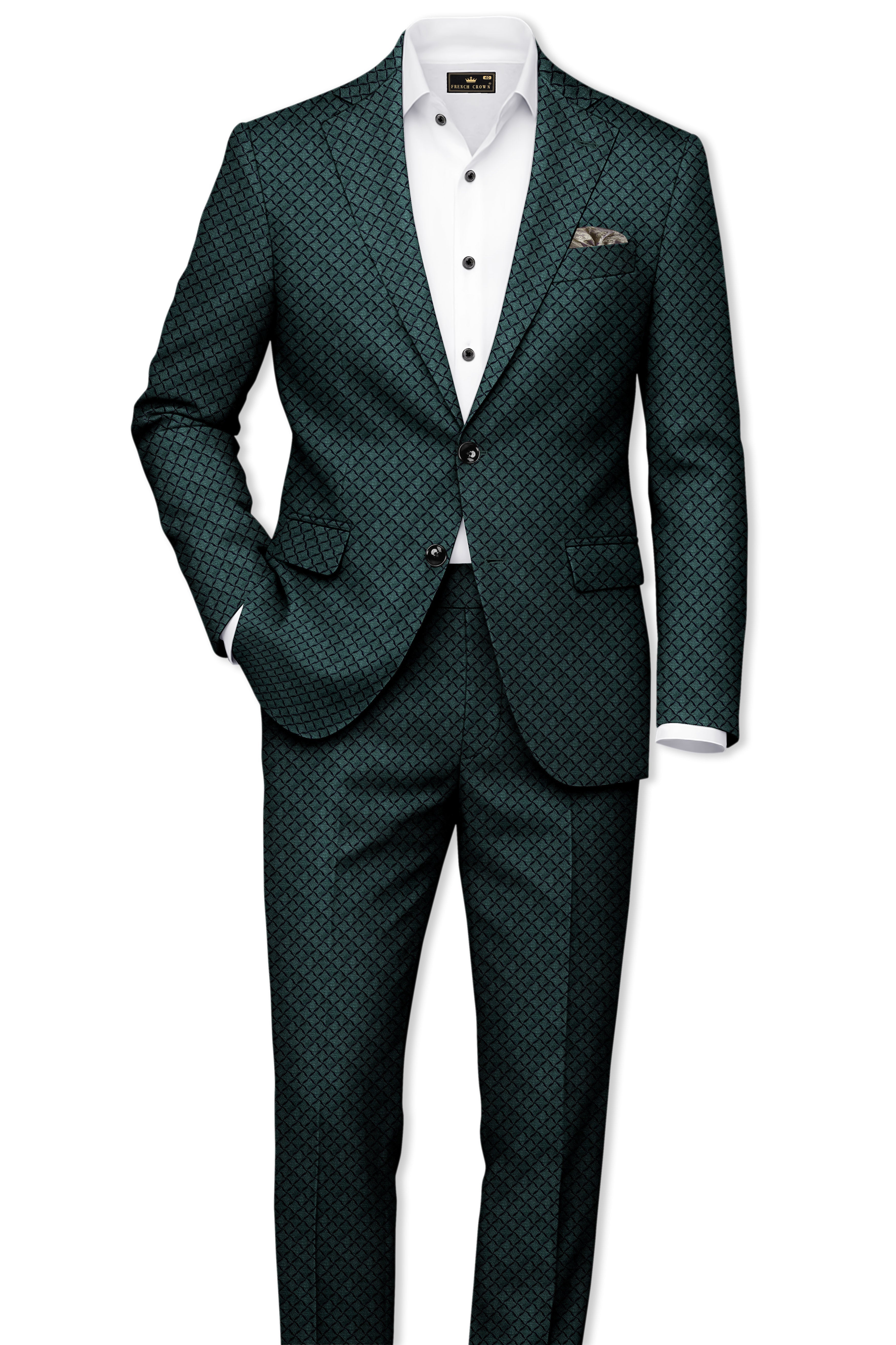 Gunmetal Green Jacquard Textured Designer Single Breasted Blazer