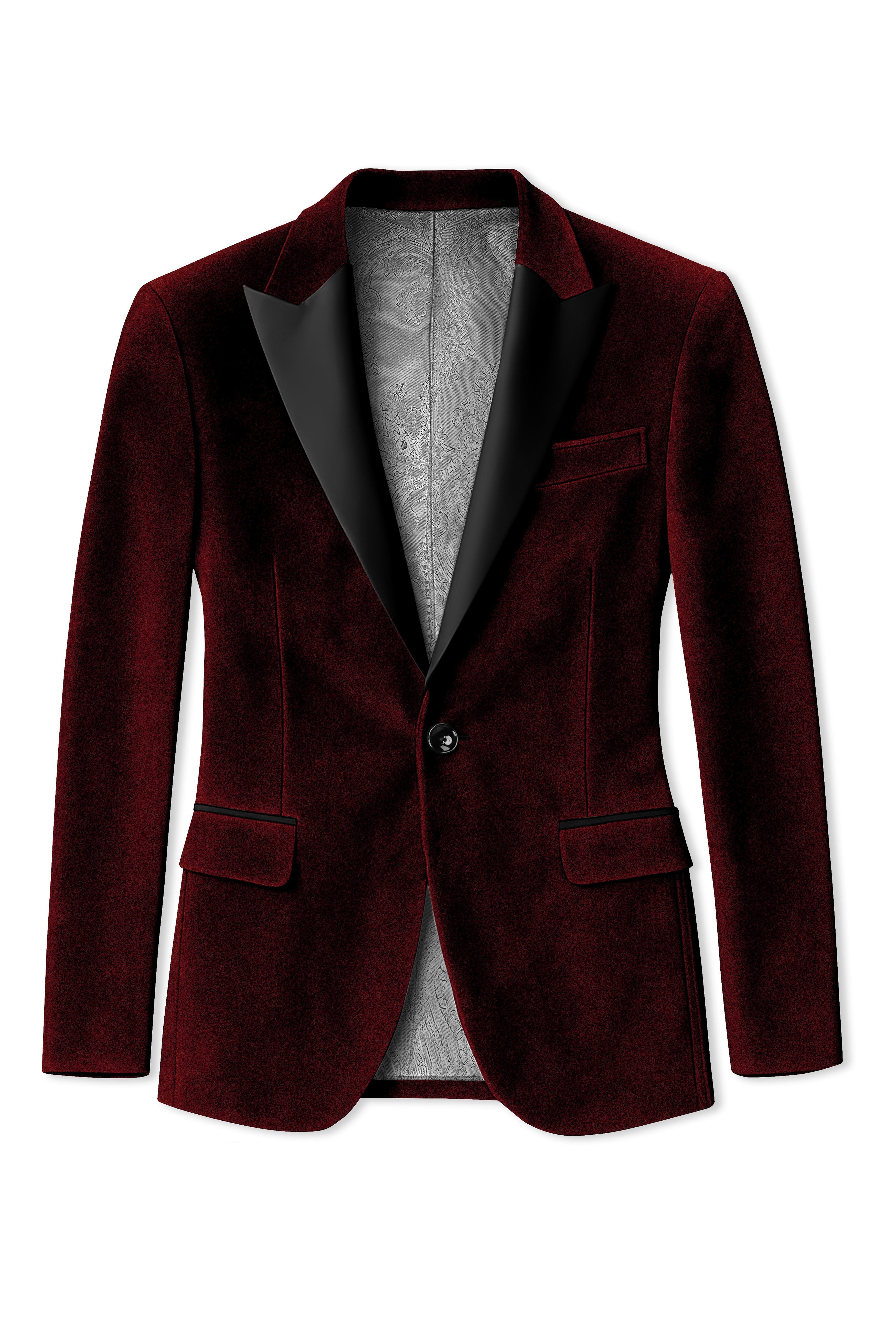 Crimson-Sepia Red Velvet Peak Lapel Tuxedo Blazer