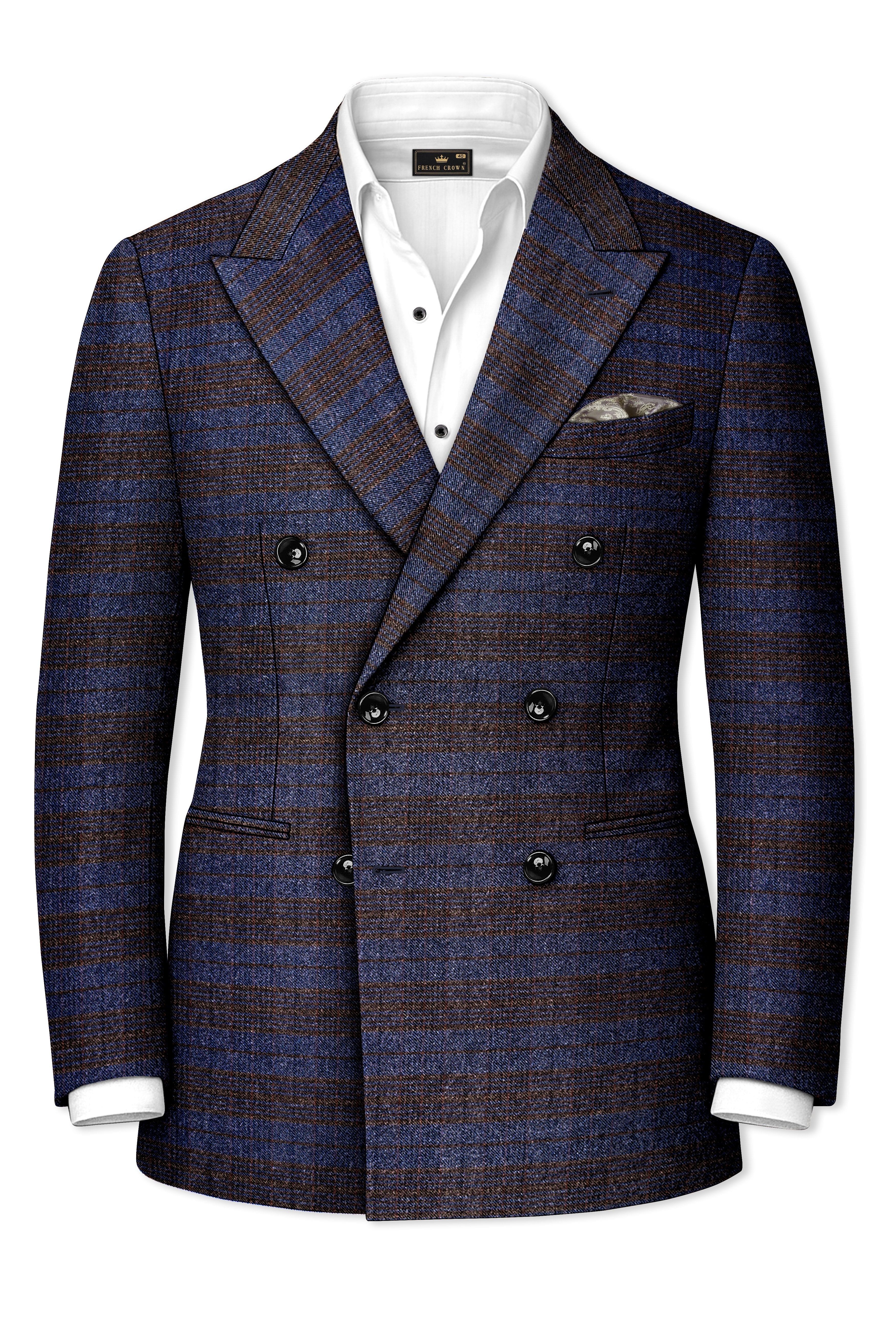 Velourish-Tealish Blue And Tuatara Gray Glen Plaid Tweed Double Breasted Blazers