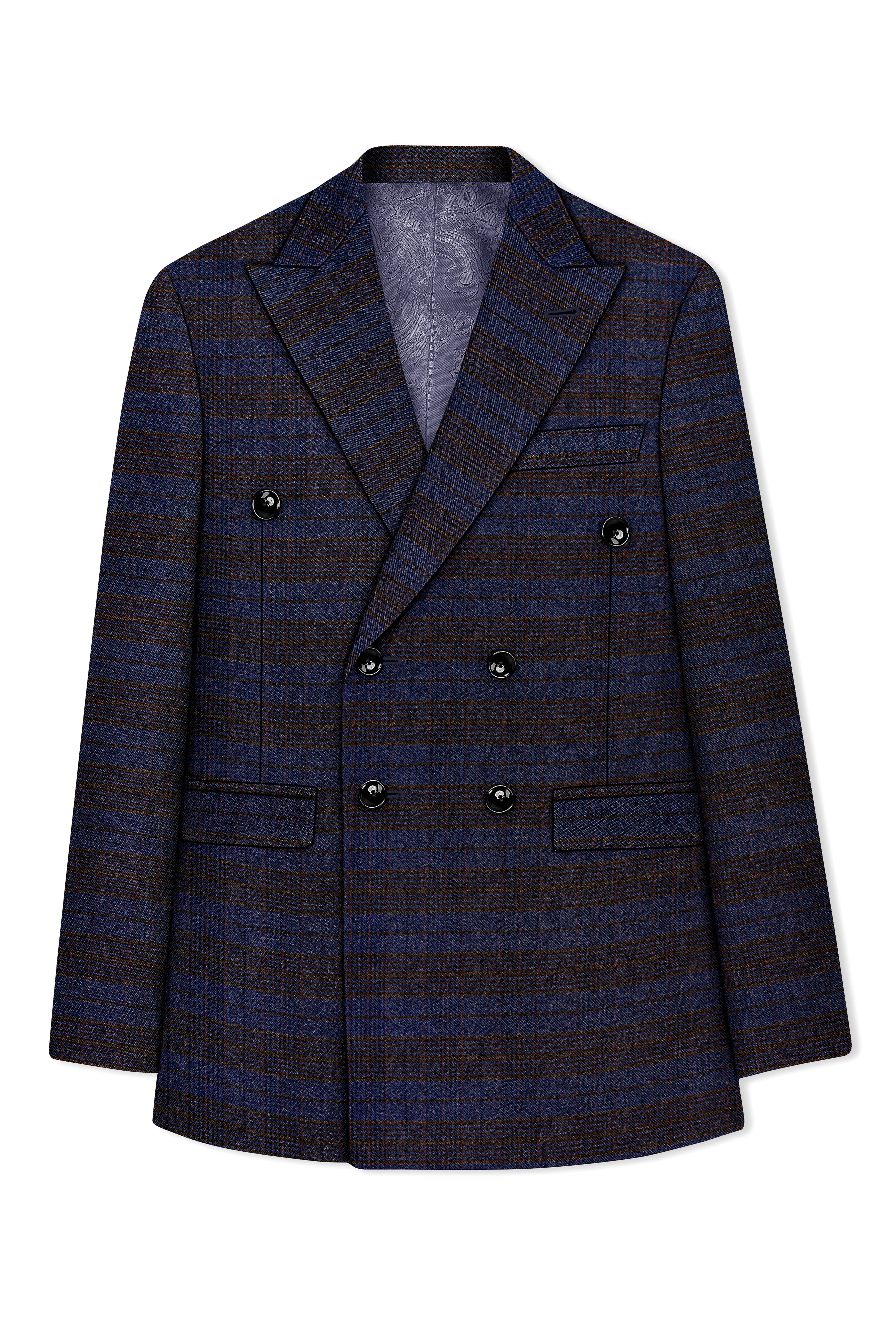 Velourish-Tealish Blue And Tuatara Gray Glen Plaid Tweed Double Breasted Blazers