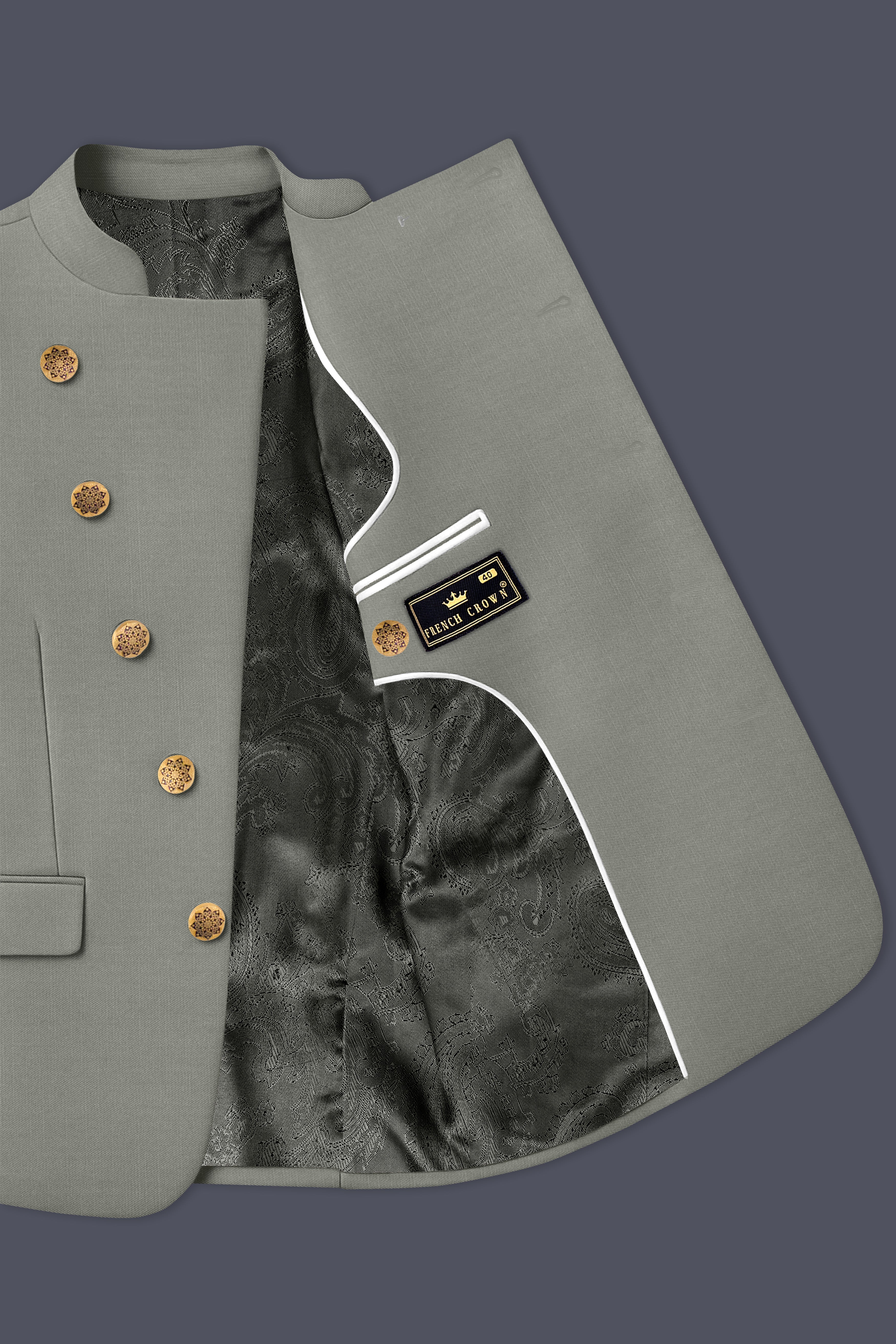 Verdure-Sage Green Wool Rich Cross Placket Bandhgala Slight Stretch Blazers