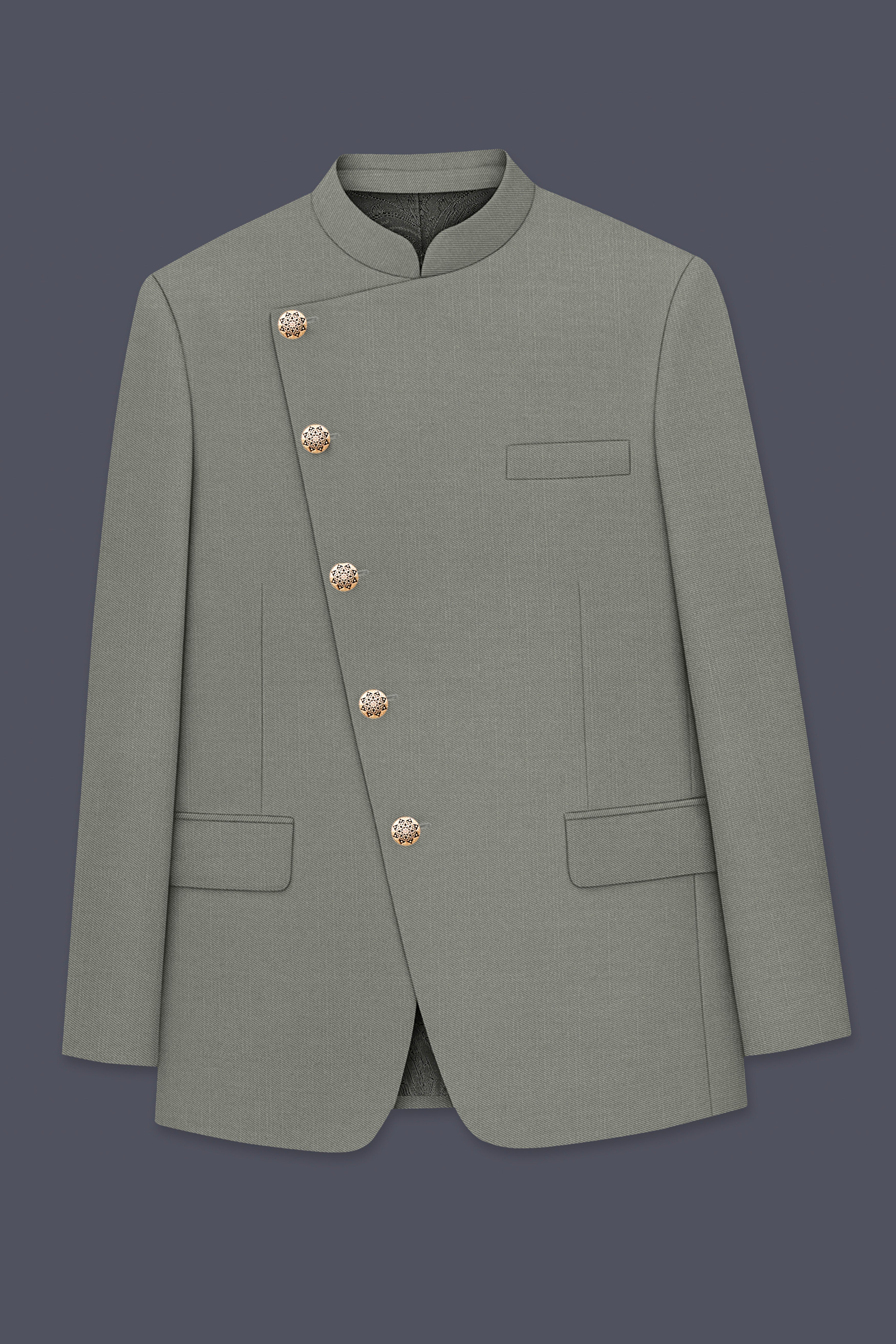 Verdure-Sage Green Wool Rich Cross Placket Bandhgala Slight Stretch Blazers