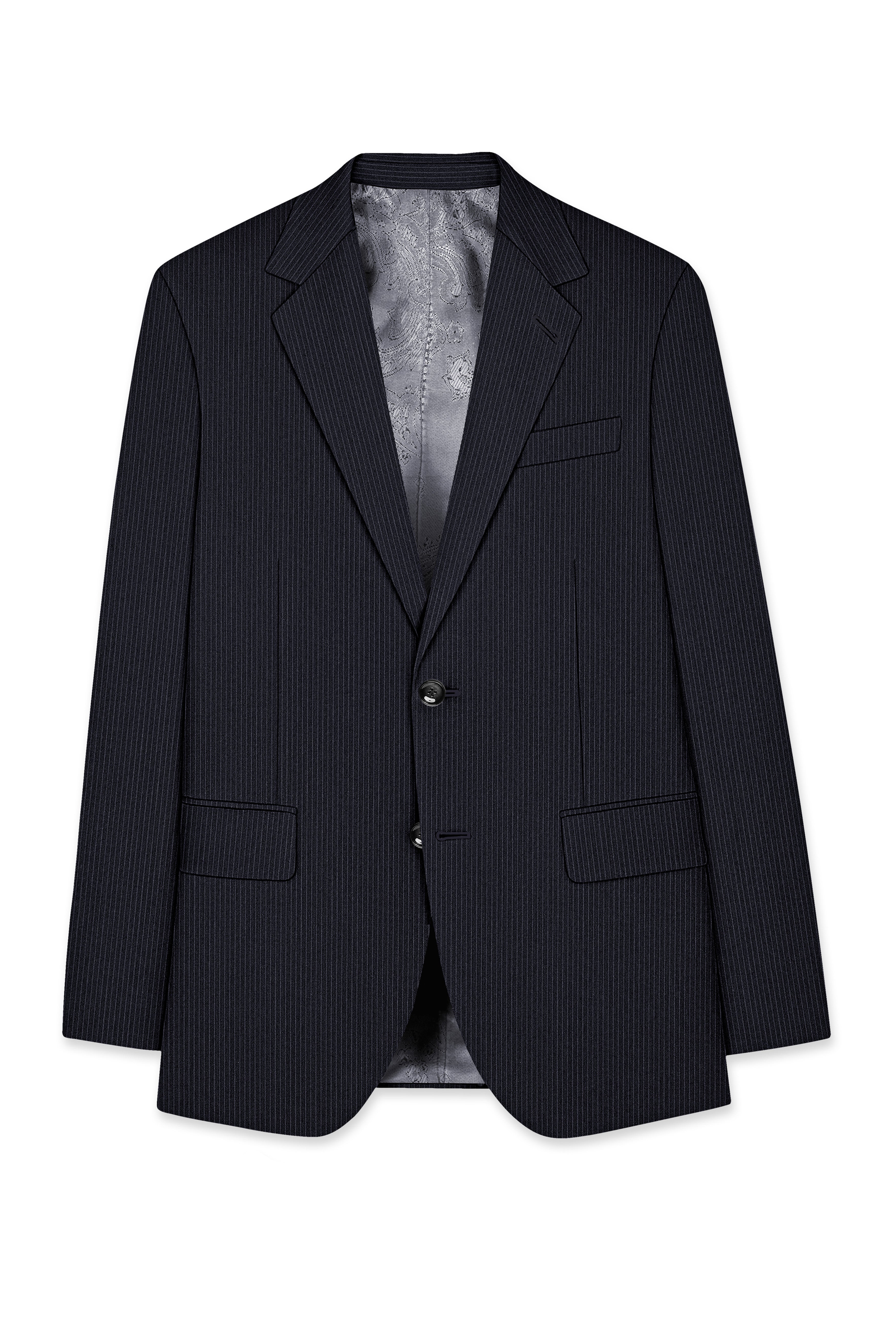 Cosmire-Space Blue Pencil Striped Wool Rich Slight Stretch Single Breasted Blazer