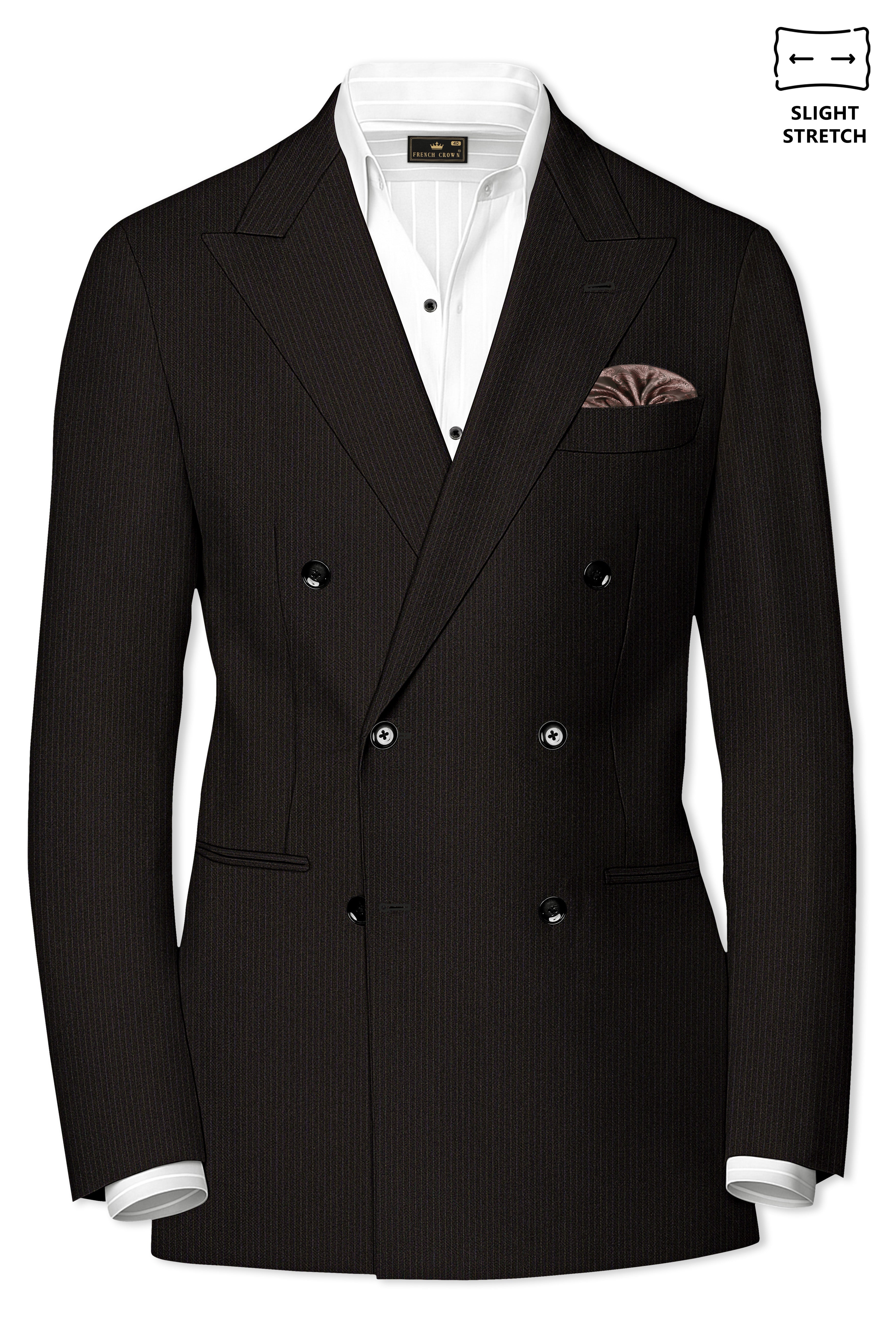 Imperio-Umber Brown Pencil Striped Wool Rich Slight Stretch Double Breasted Blazer