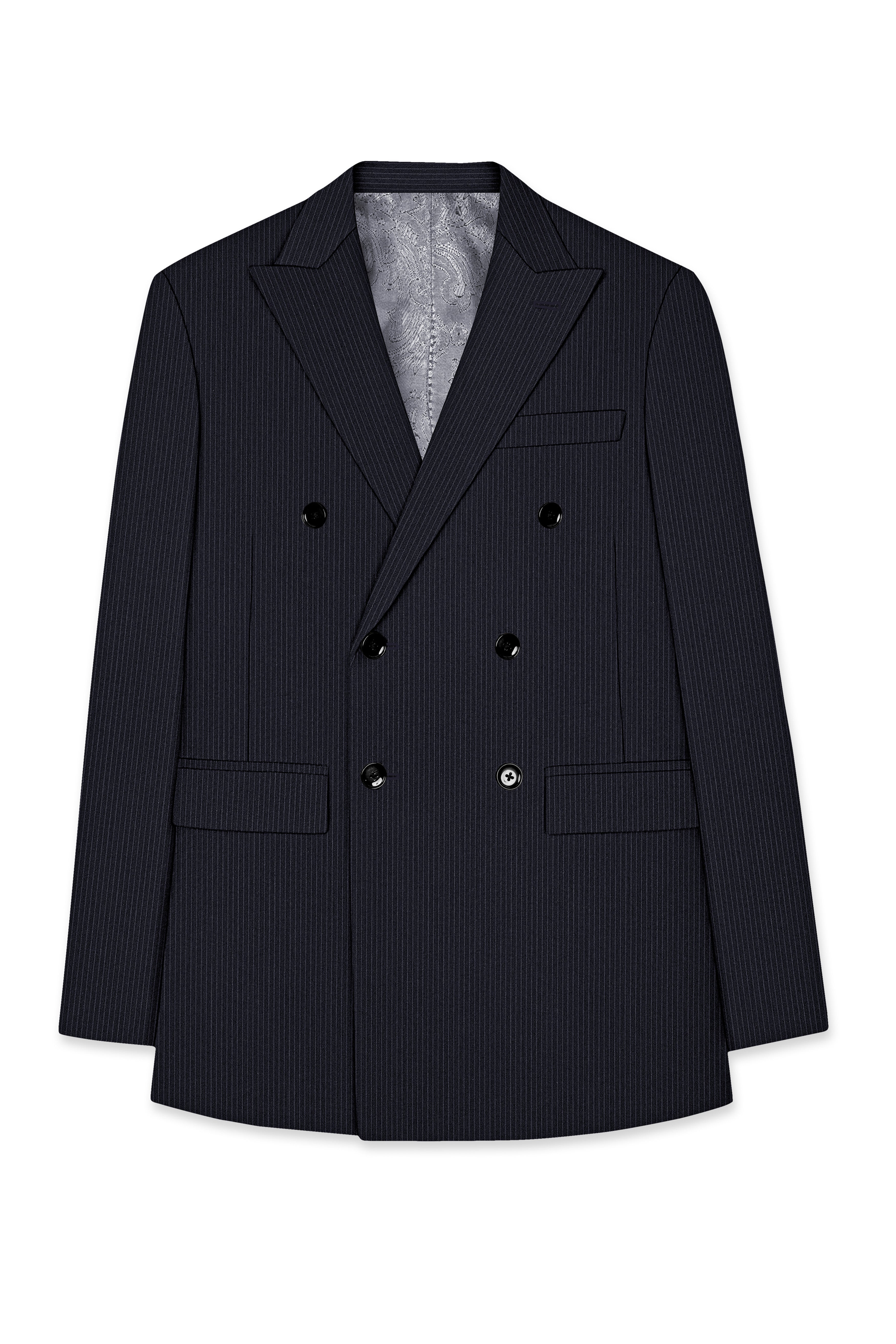 Cosmire-Space Blue Pencil Striped Wool Rich Slight Stretch Double Breasted Blazer