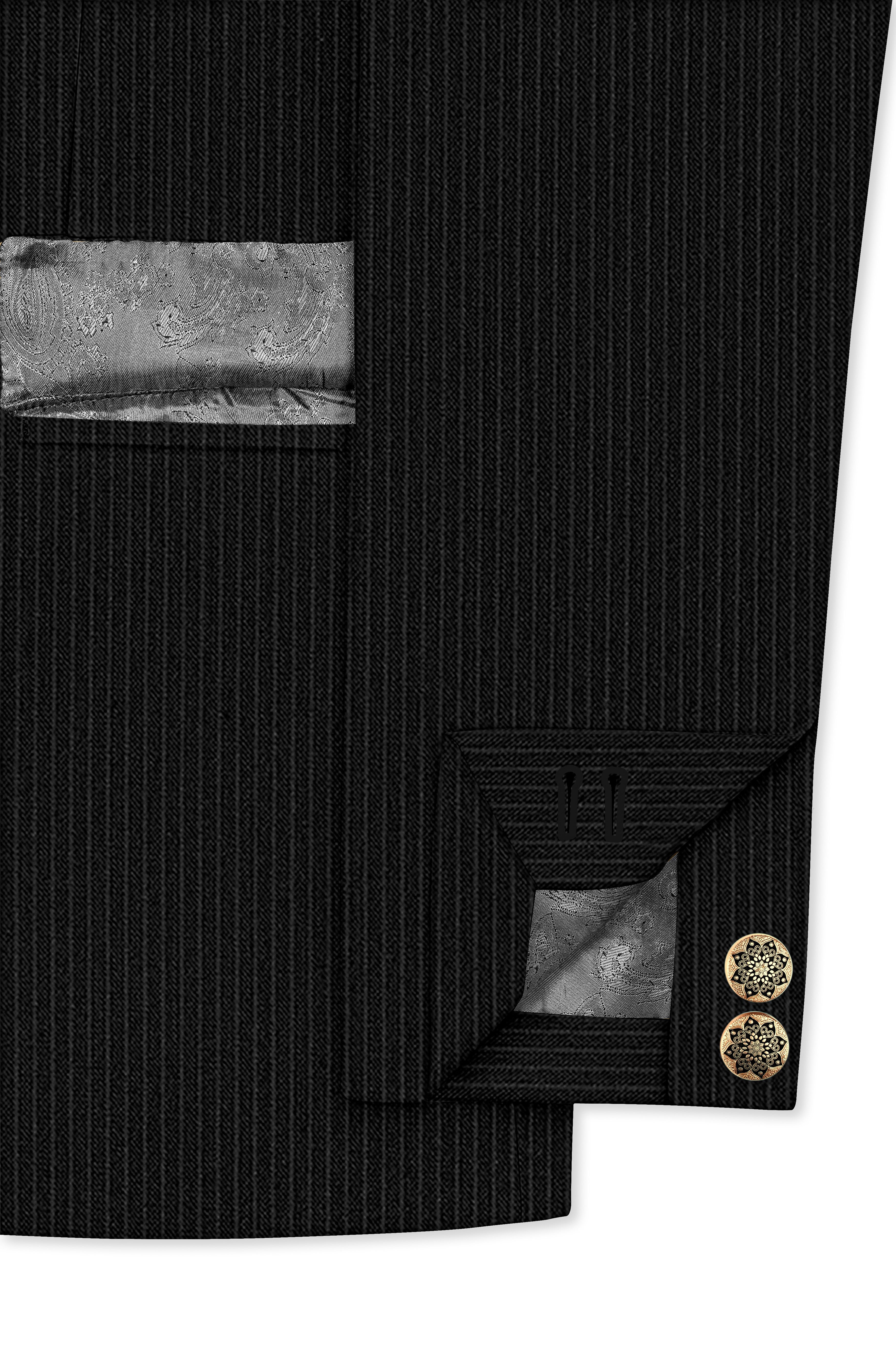 Aurejax-Jade Black Pencil Striped Wool Rich Slight Stretch Cross Placket Bandhgala Blazer