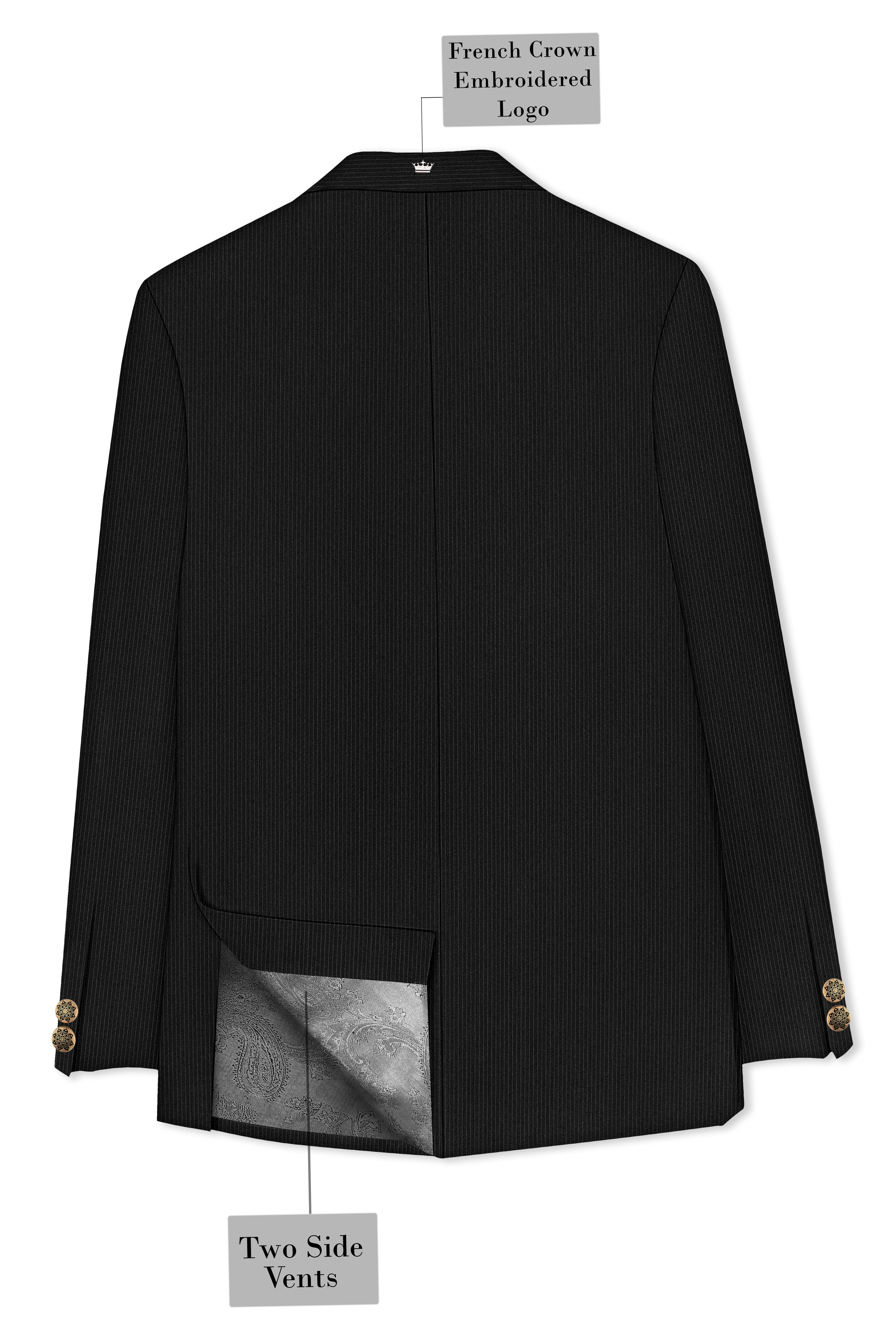 Aurejax-Jade Black Pencil Striped Wool Rich Slight Stretch Cross Placket Bandhgala Blazer