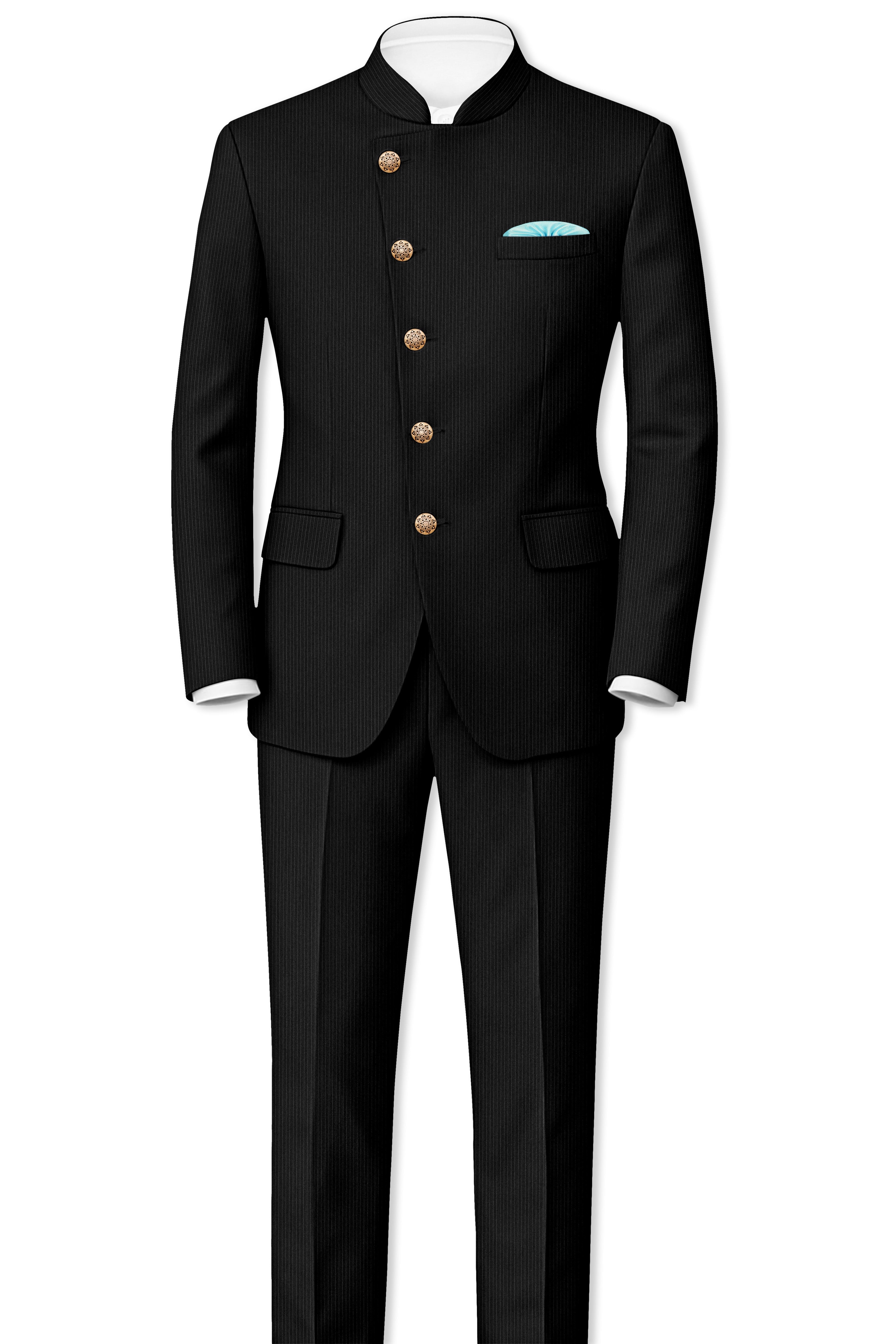 Aurejax-Jade Black Pencil Striped Wool Rich Slight Stretch Cross Placket Bandhgala Blazer