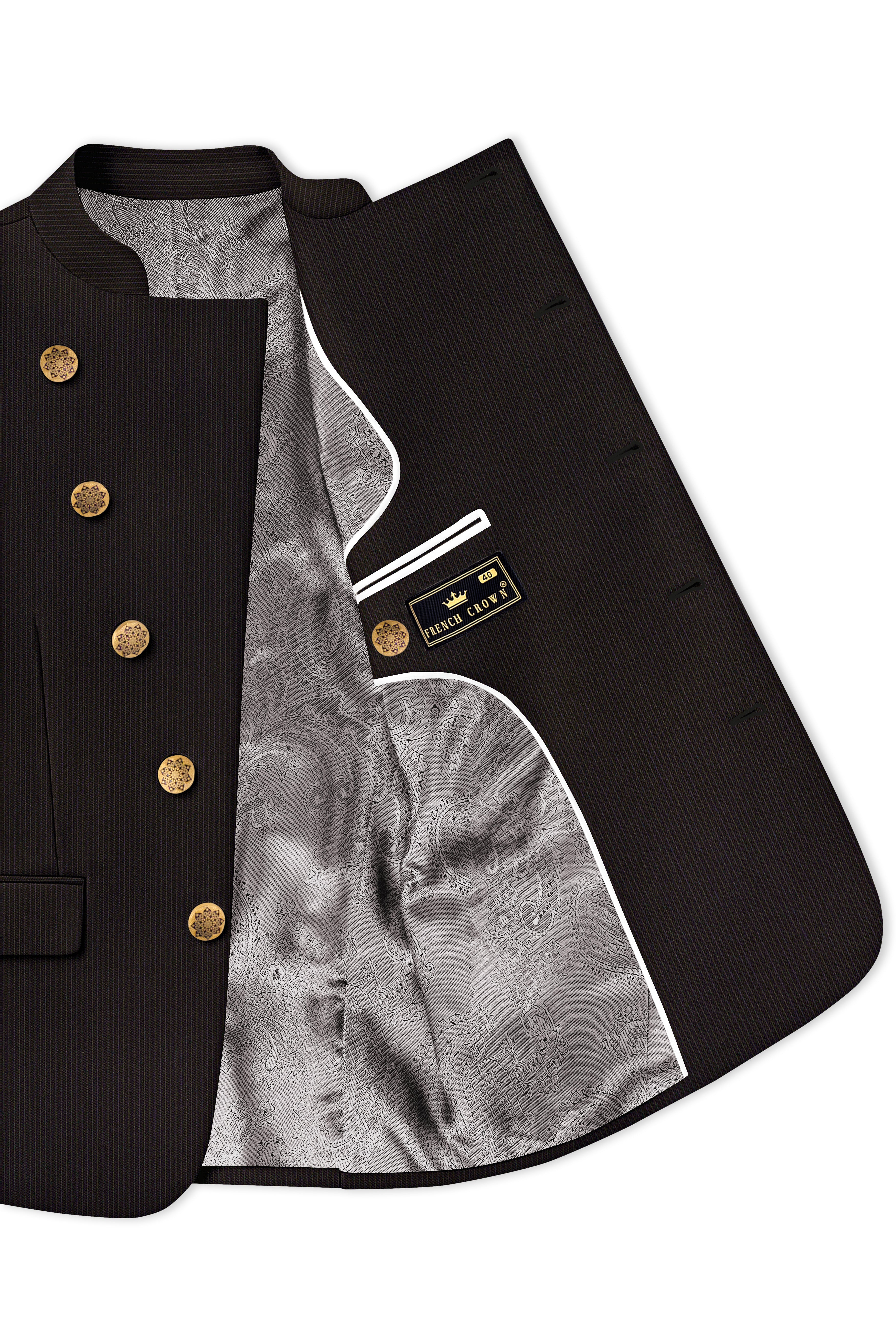 Imperio-Umber Brown Pencil Striped Wool Rich Slight Stretch Cross Placket Bandhgala Blazer