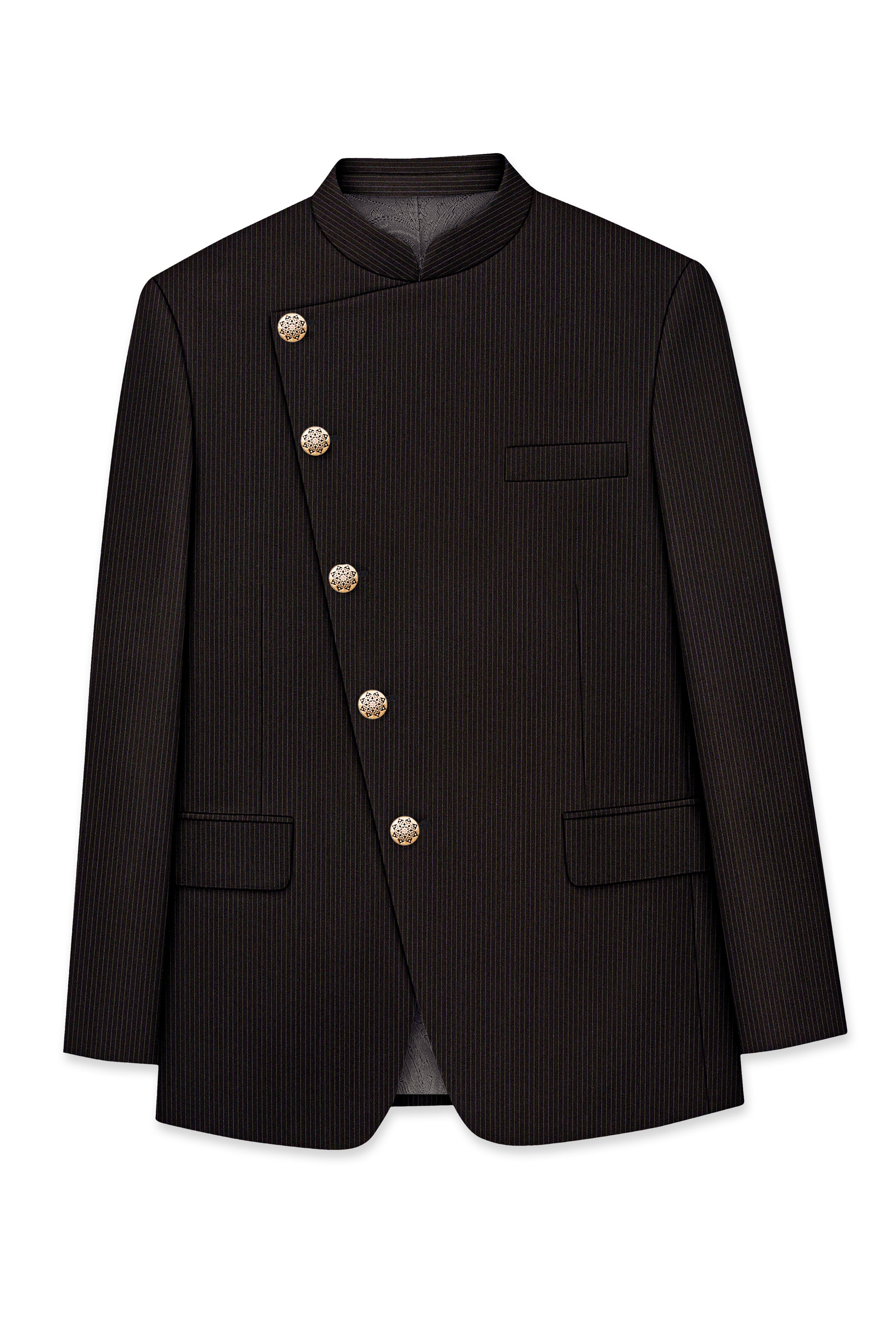 Imperio-Umber Brown Pencil Striped Wool Rich Slight Stretch Cross Placket Bandhgala Blazer