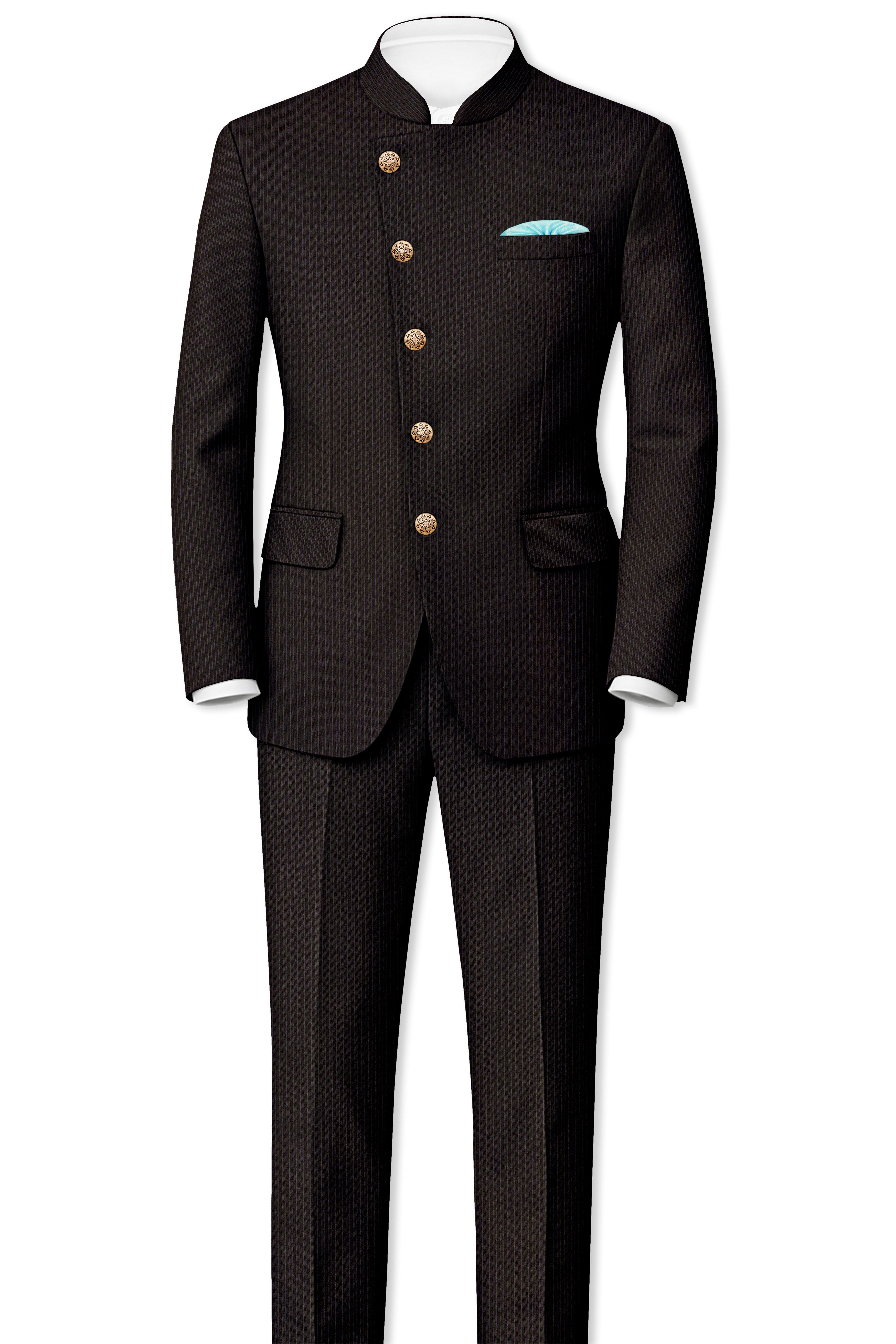 Imperio-Umber Brown Pencil Striped Wool Rich Slight Stretch Cross Placket Bandhgala Blazer
