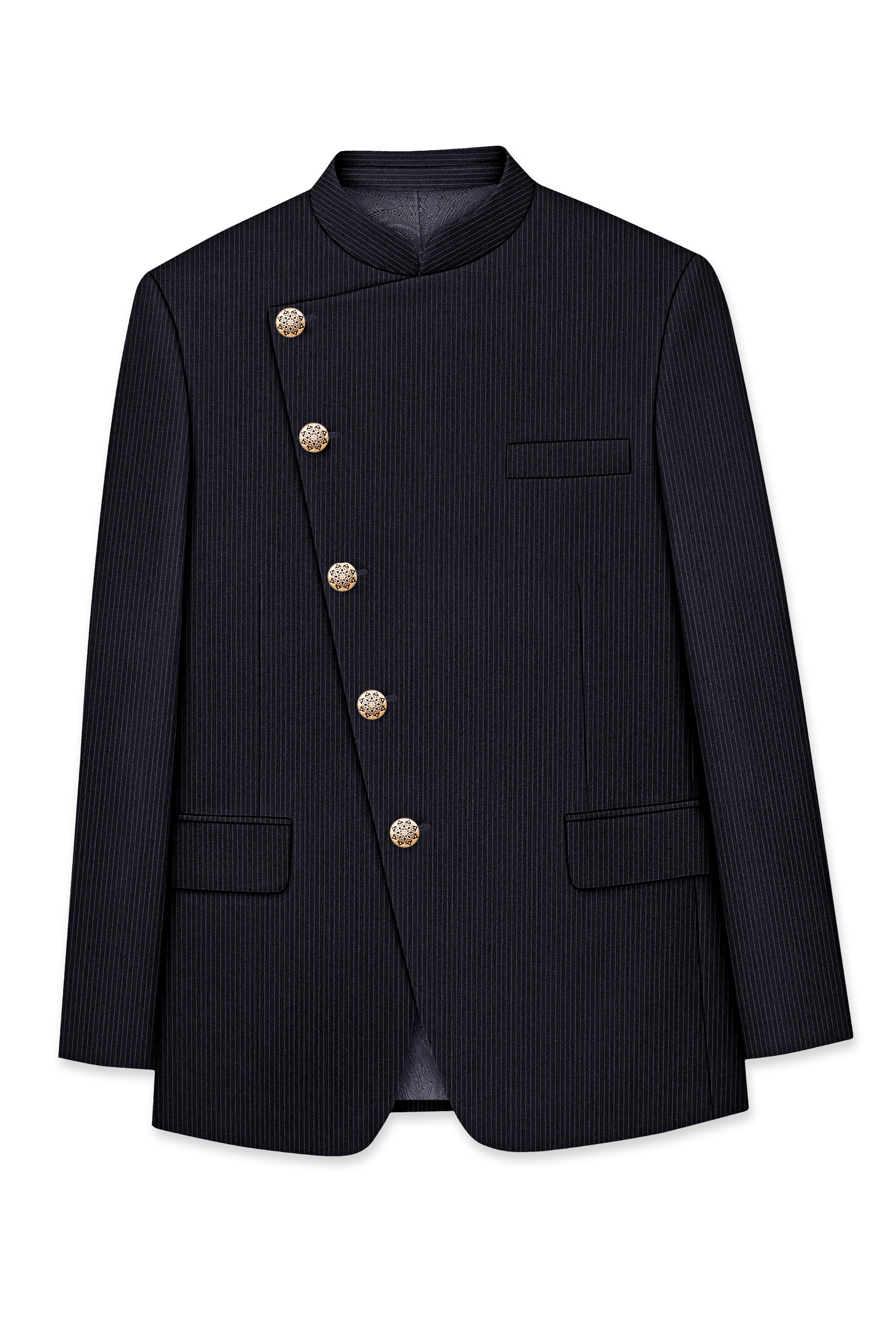 Cosmire-Space Blue Pencil Striped Wool Rich Slight Stretch Cross Placket Bandhgala Blazer