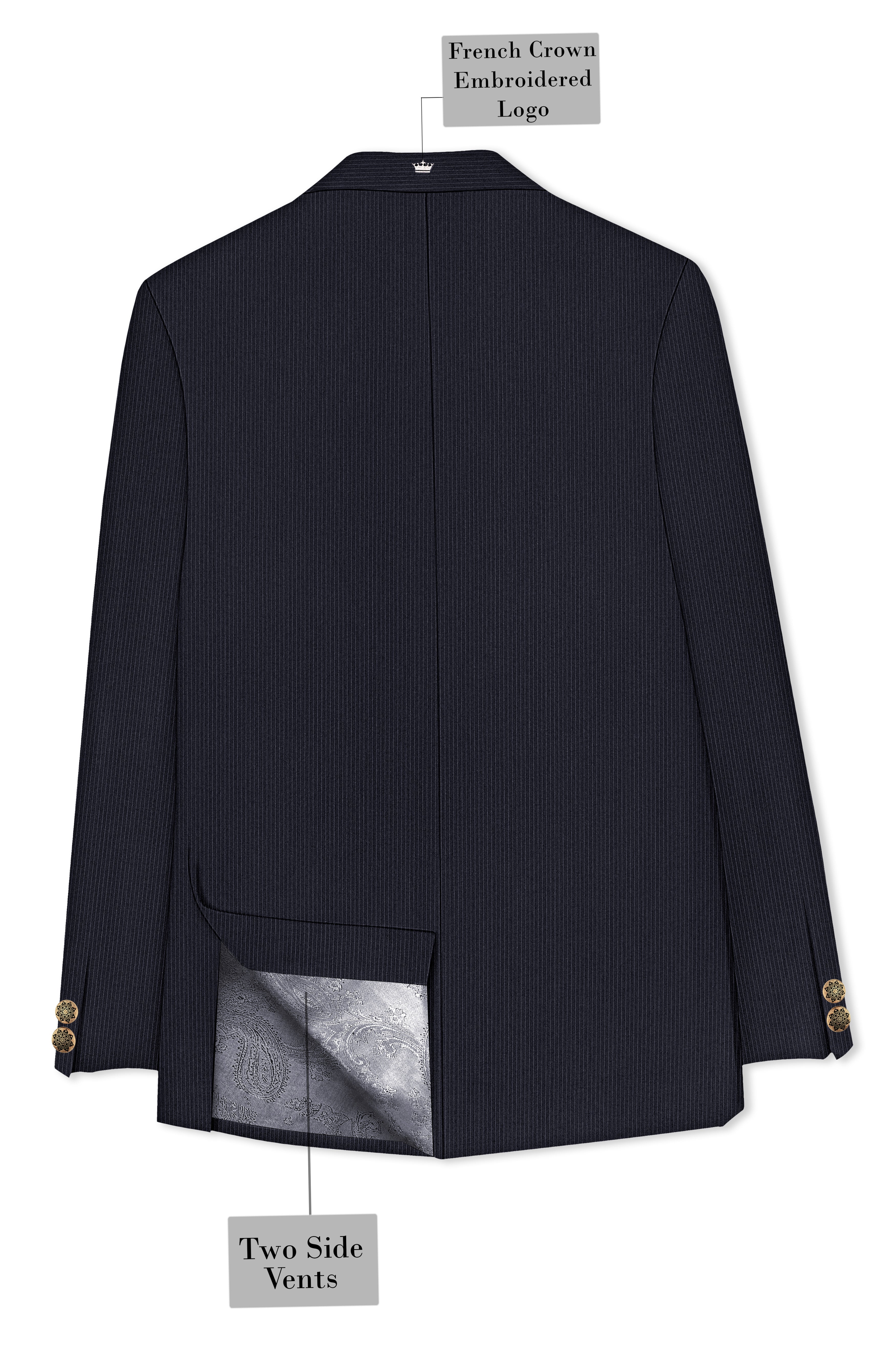 Cosmire-Space Blue Pencil Striped Wool Rich Slight Stretch Cross Placket Bandhgala Blazer