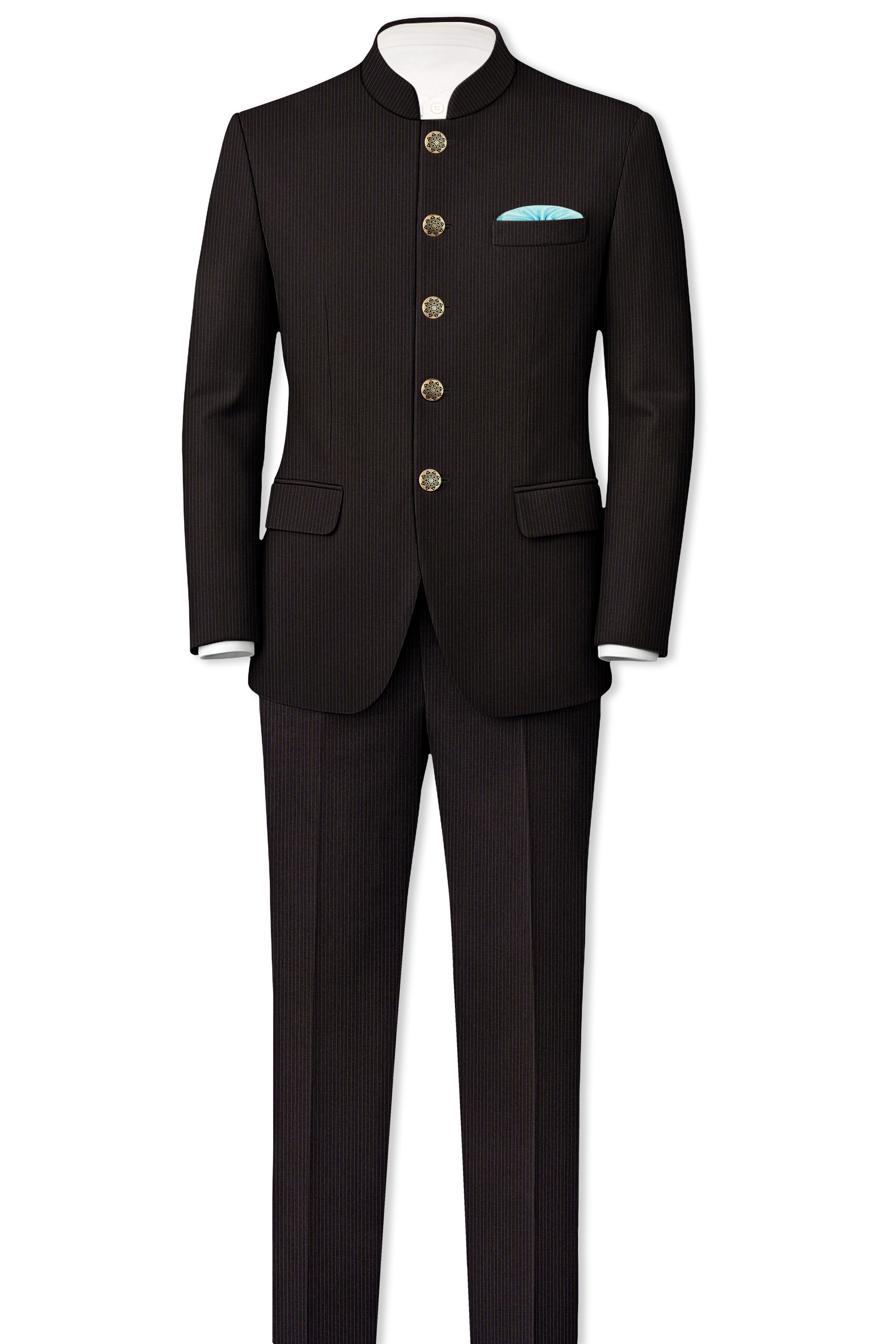 Imperio-Umber Brown Pencil Striped Wool Rich Bandhgala Slight Stretch Blazer