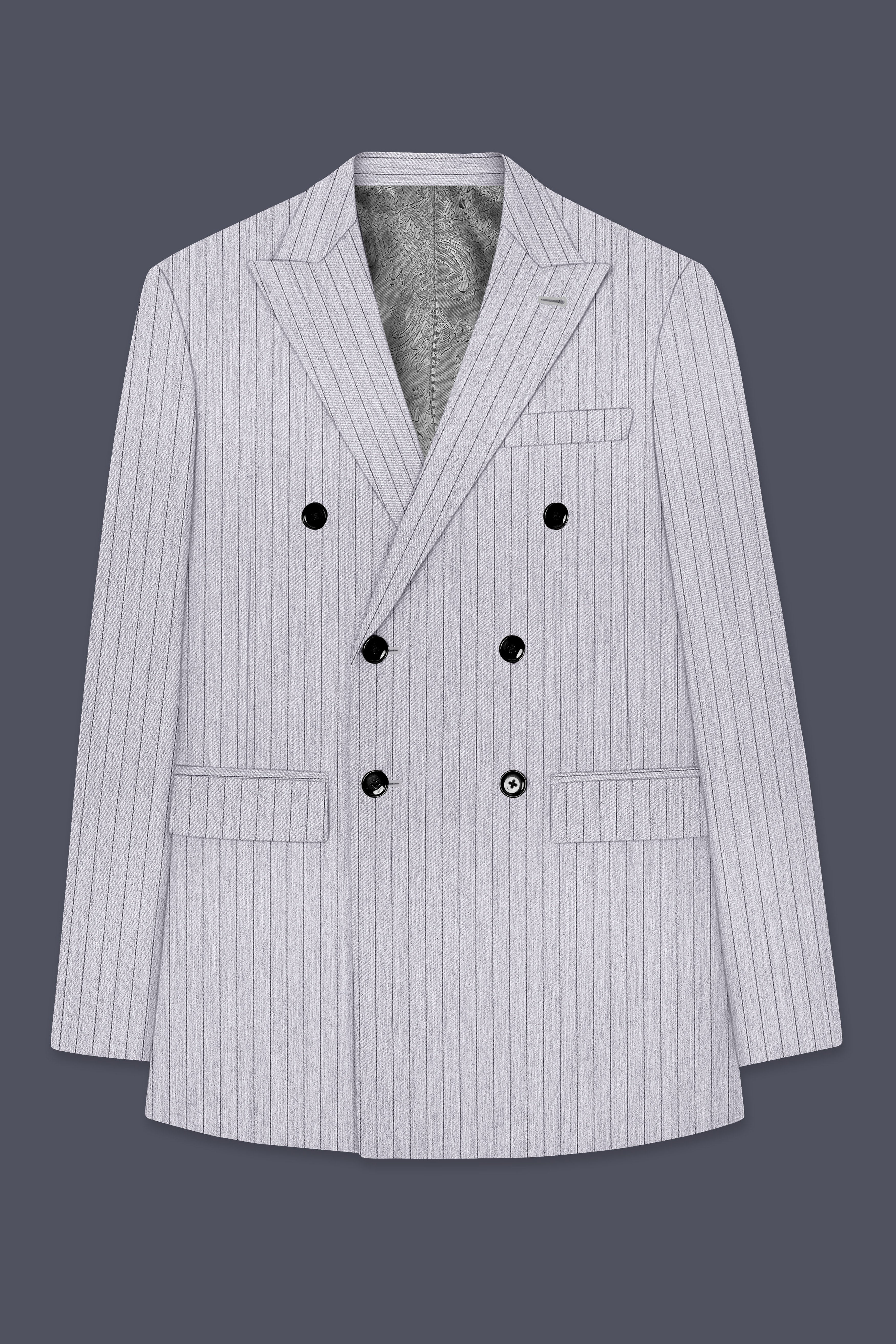 Grisvoro-Sterling Gray Pin Striped Wool Rich Slight Stretch Double Breasted Blazer