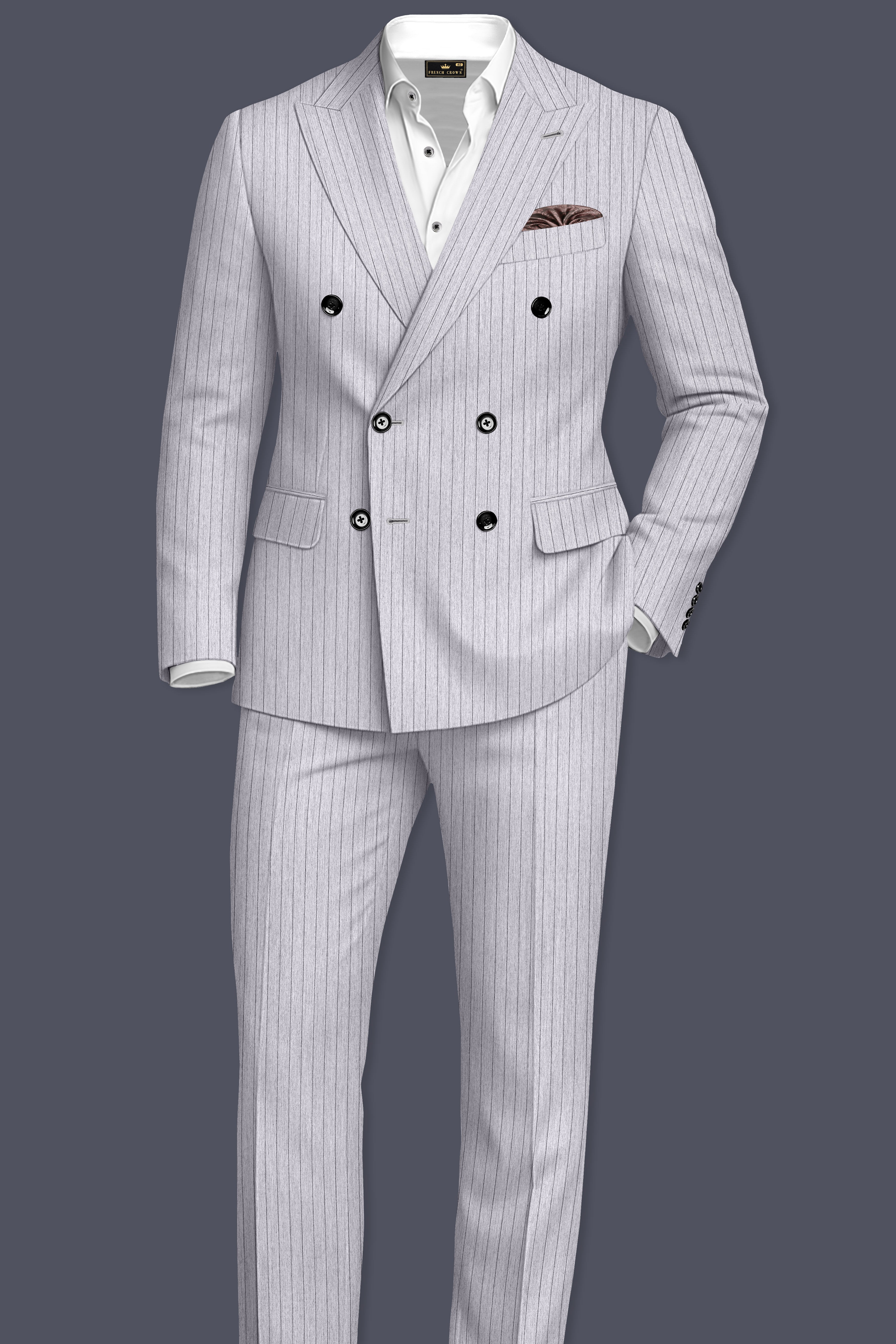 Grisvoro-Sterling Gray Pin Striped Wool Rich Slight Stretch Double Breasted Blazer