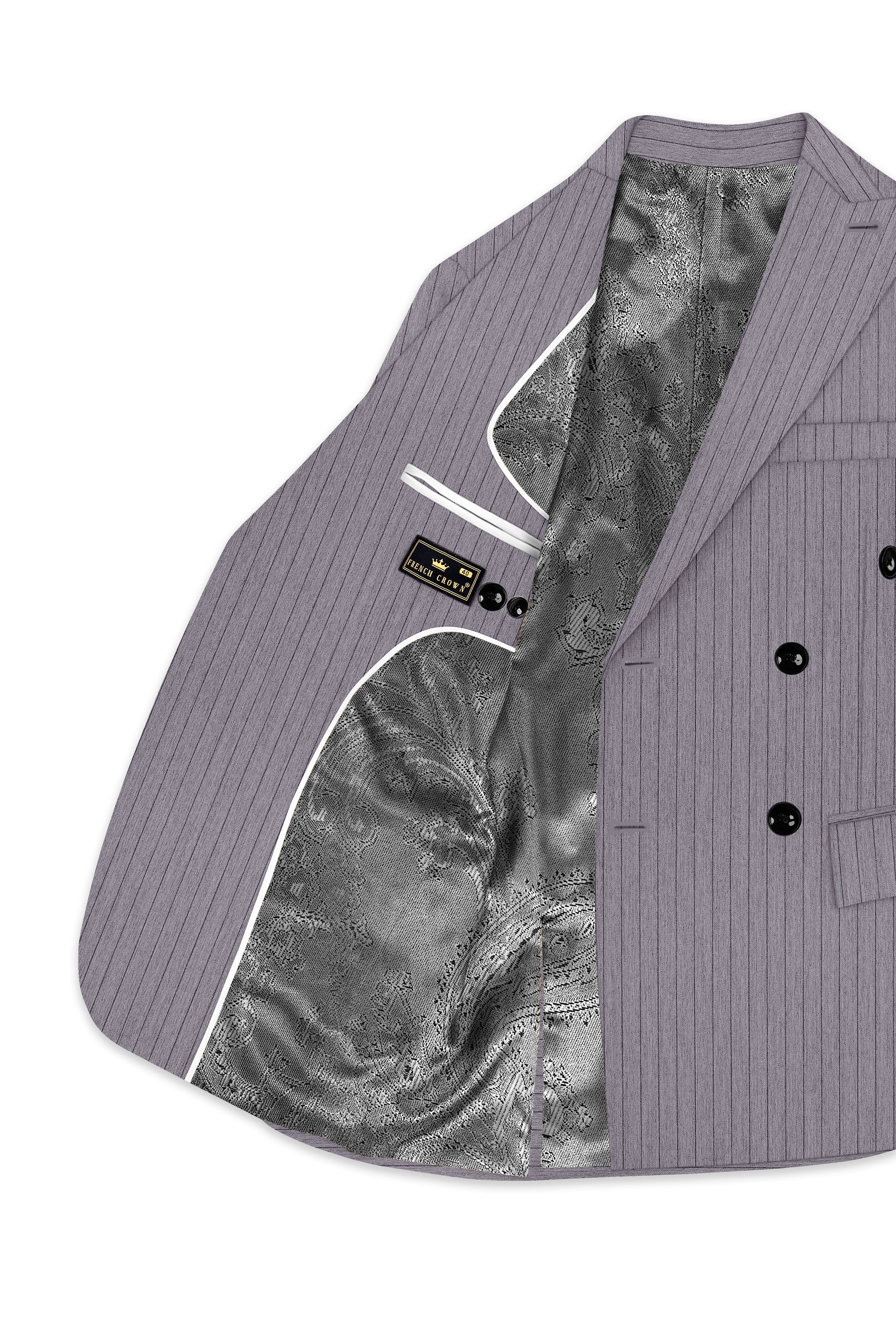 Velmoro-Mauve Gray Pin Striped Wool Rich Slight Stretch Double Breasted Blazer