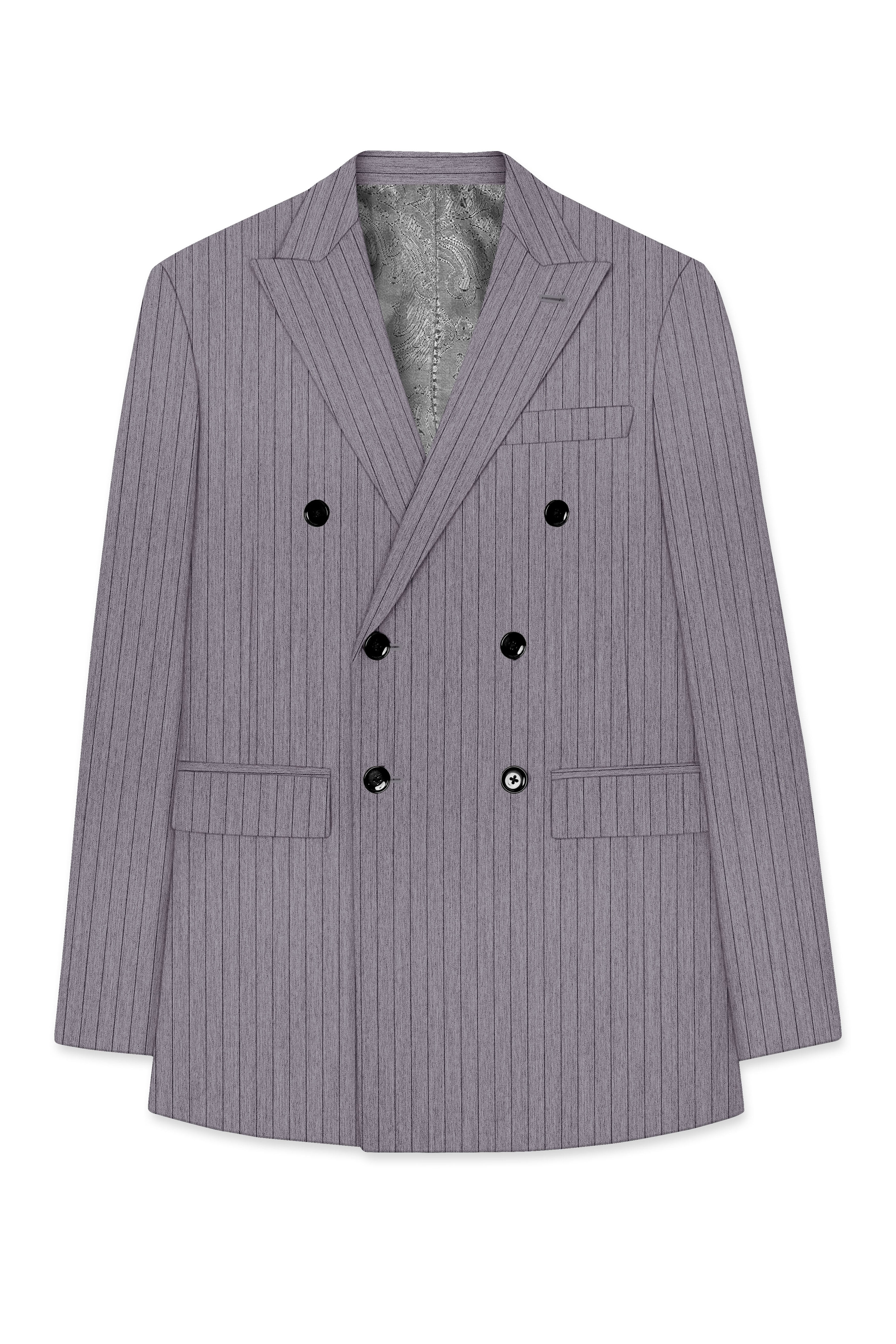 Velmoro-Mauve Gray Pin Striped Wool Rich Slight Stretch Double Breasted Blazer