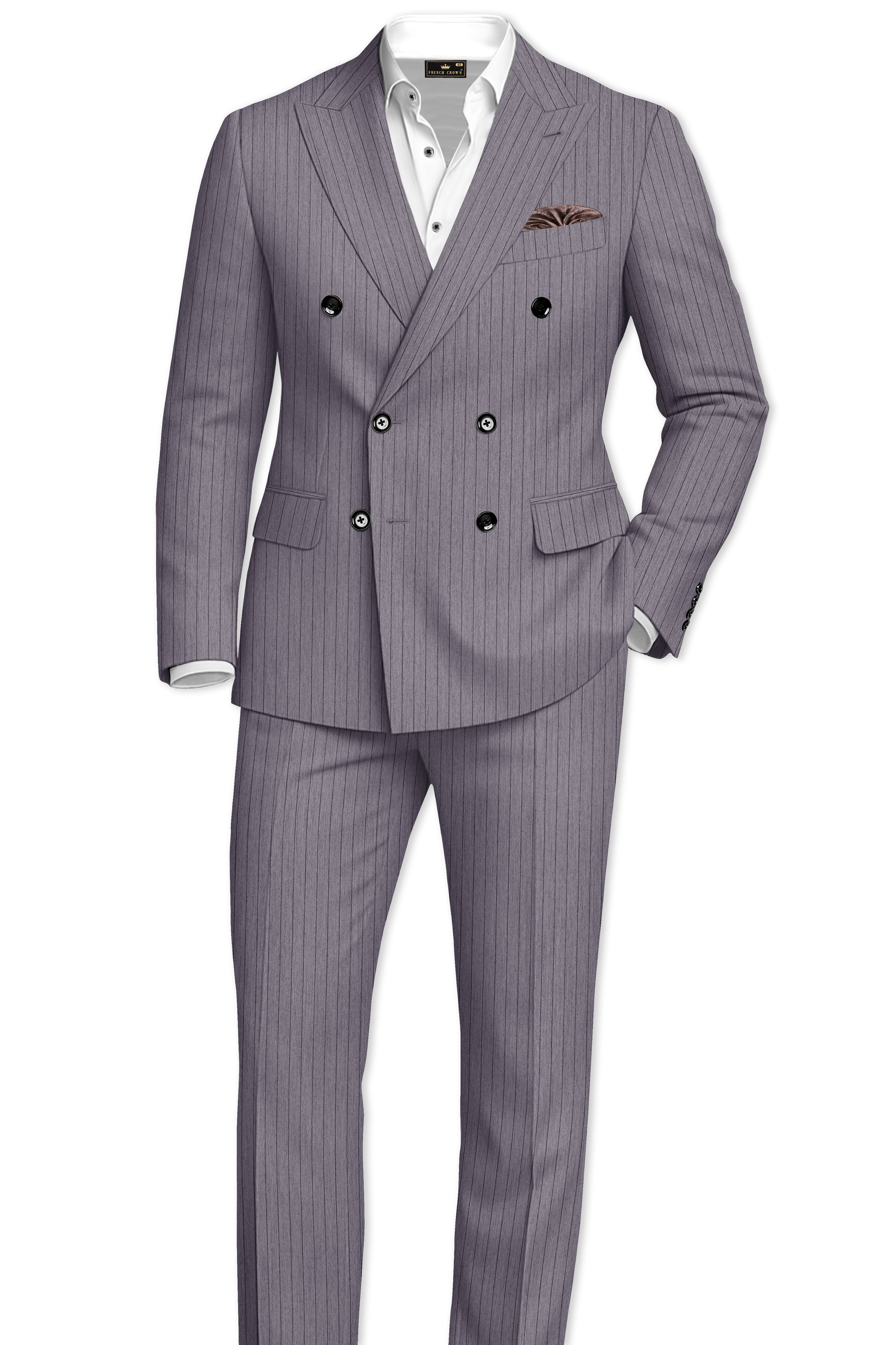 Velmoro-Mauve Gray Pin Striped Wool Rich Slight Stretch Double Breasted Blazer