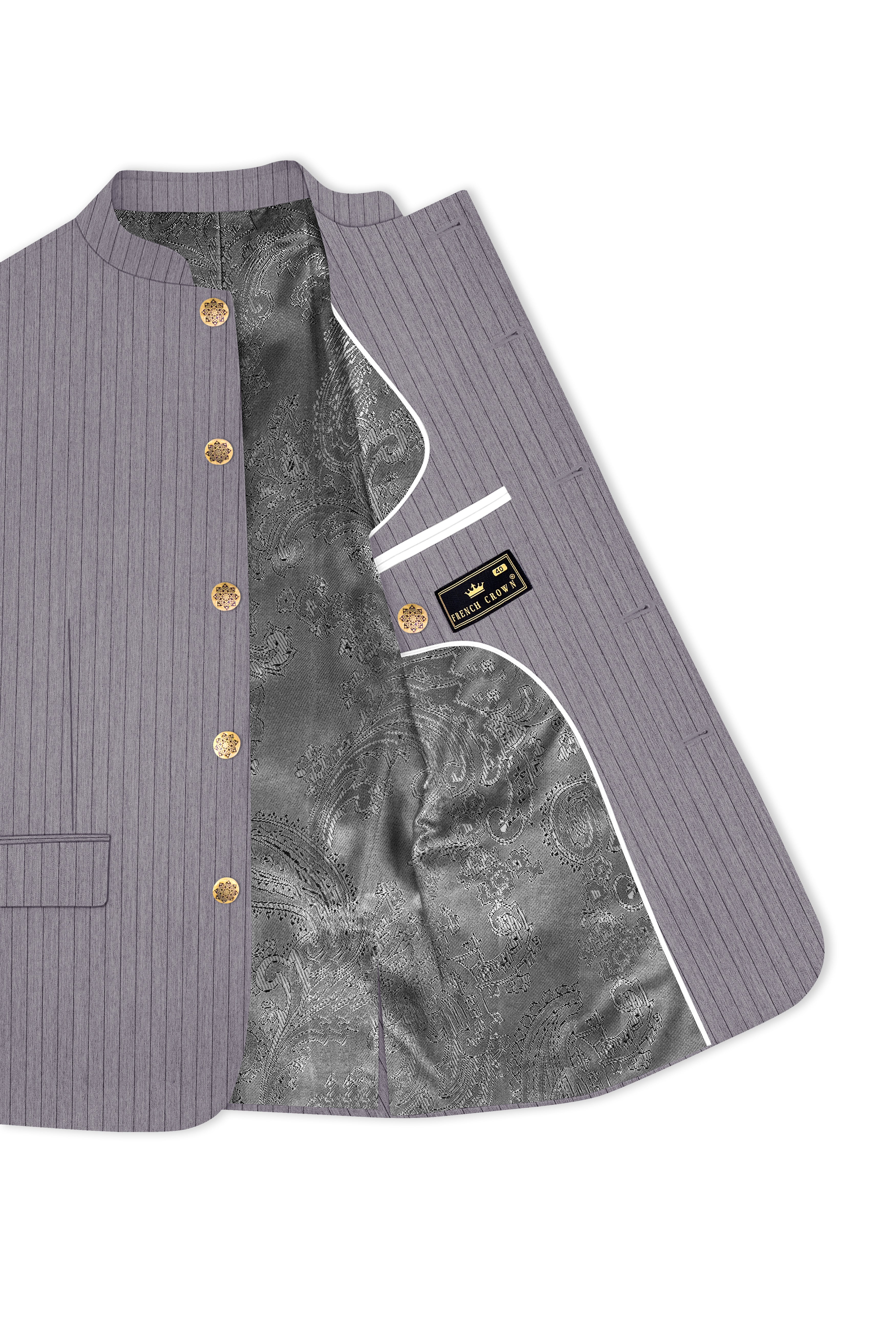 Velmoro-Mauve Gray Pin Striped Wool Rich Slight Stretch Bandhgala Blazer
