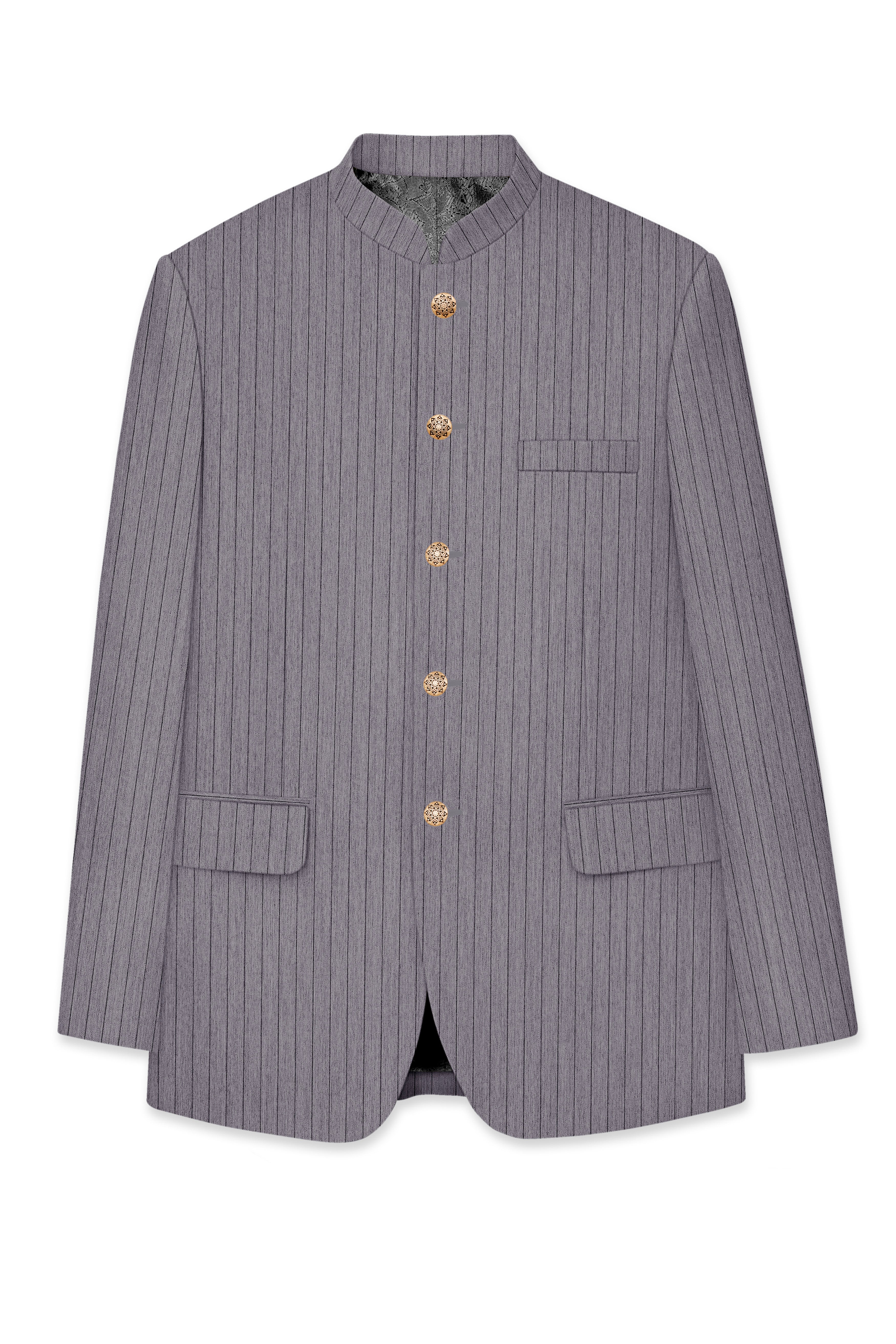 Velmoro-Mauve Gray Pin Striped Wool Rich Slight Stretch Bandhgala Blazer