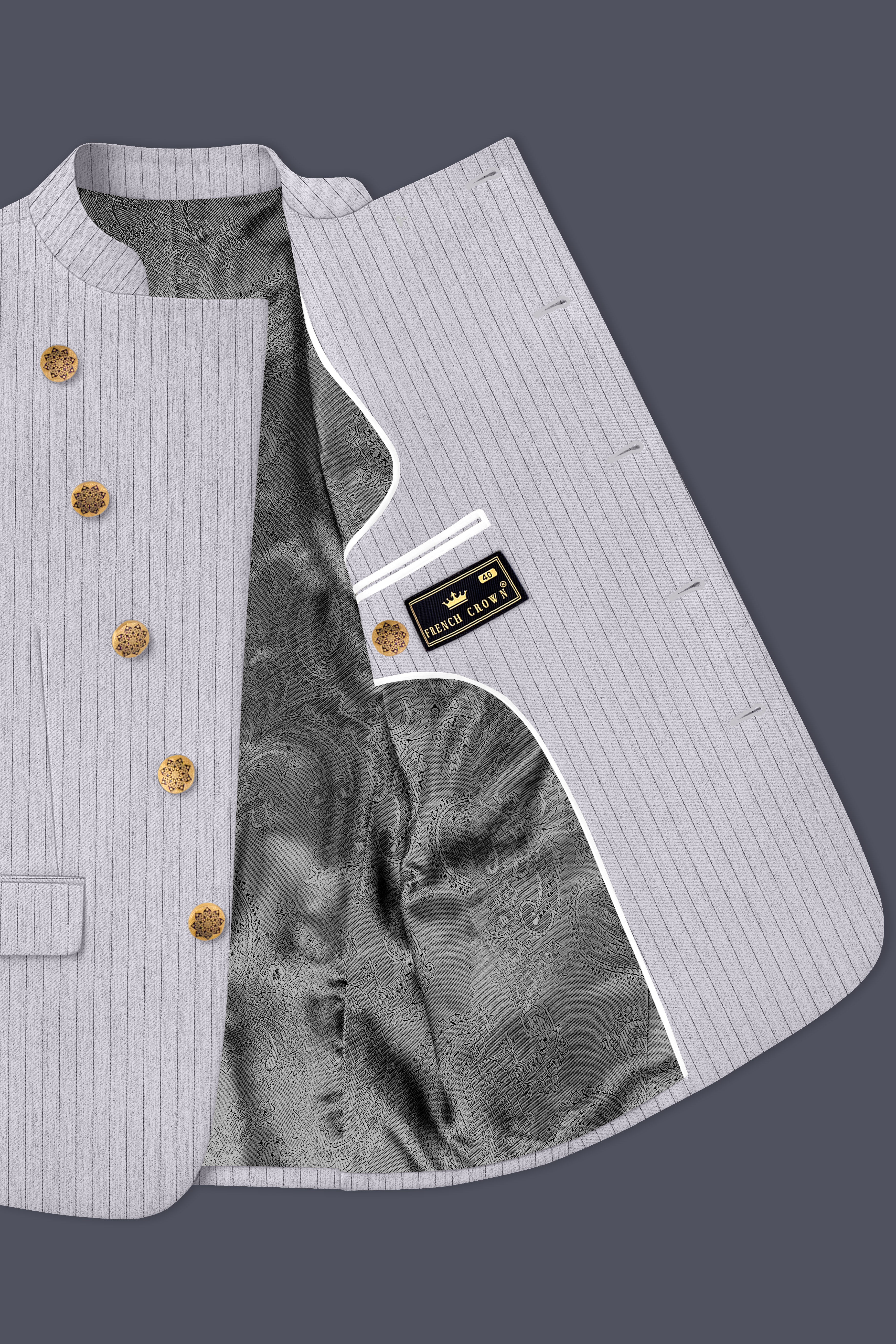 Grisvoro-Sterling Gray Pin Striped Wool Rich Slight Stretch Cross Placket Bandhgala Blazer