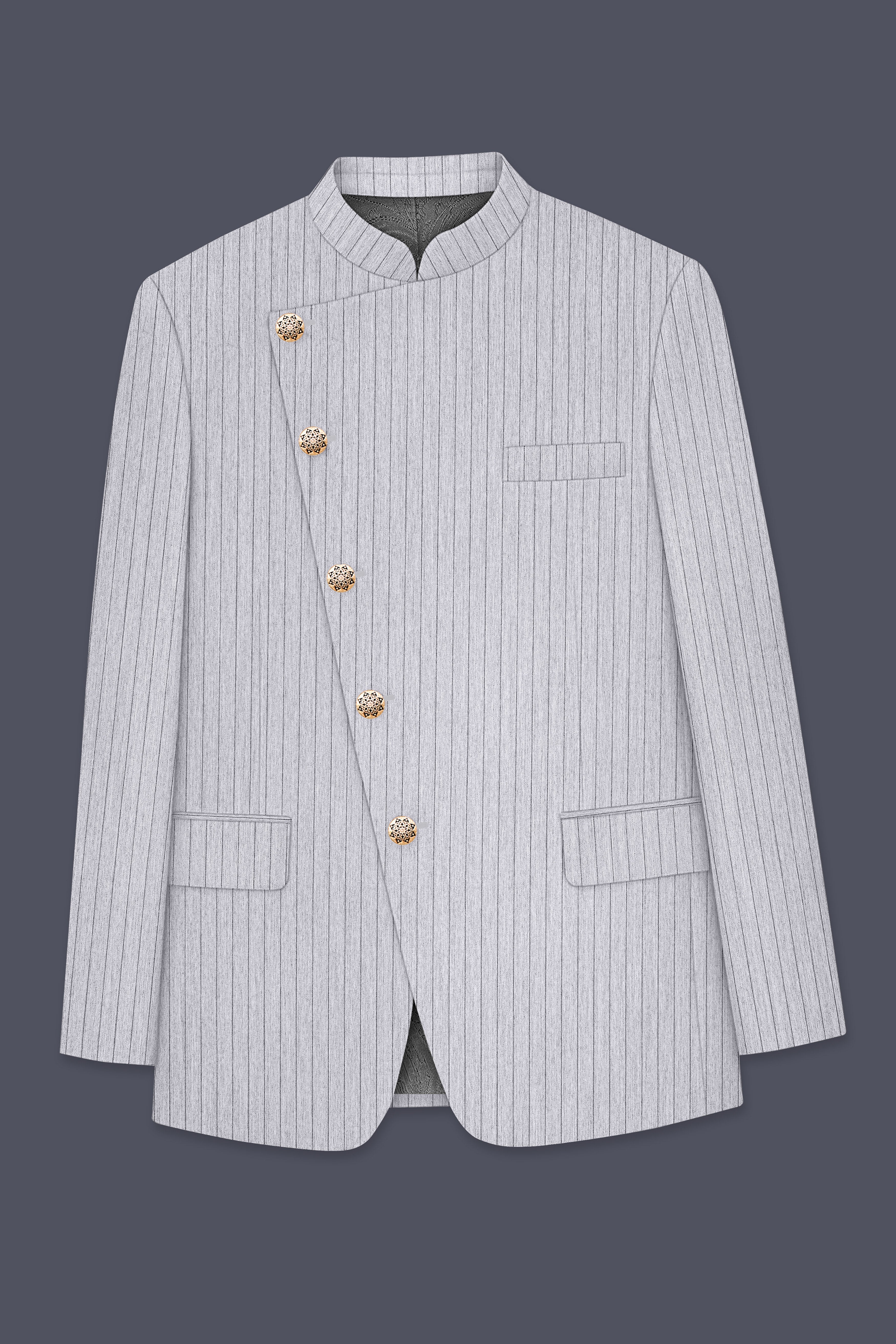 Grisvoro-Sterling Gray Pin Striped Wool Rich Slight Stretch Cross Placket Bandhgala Blazer