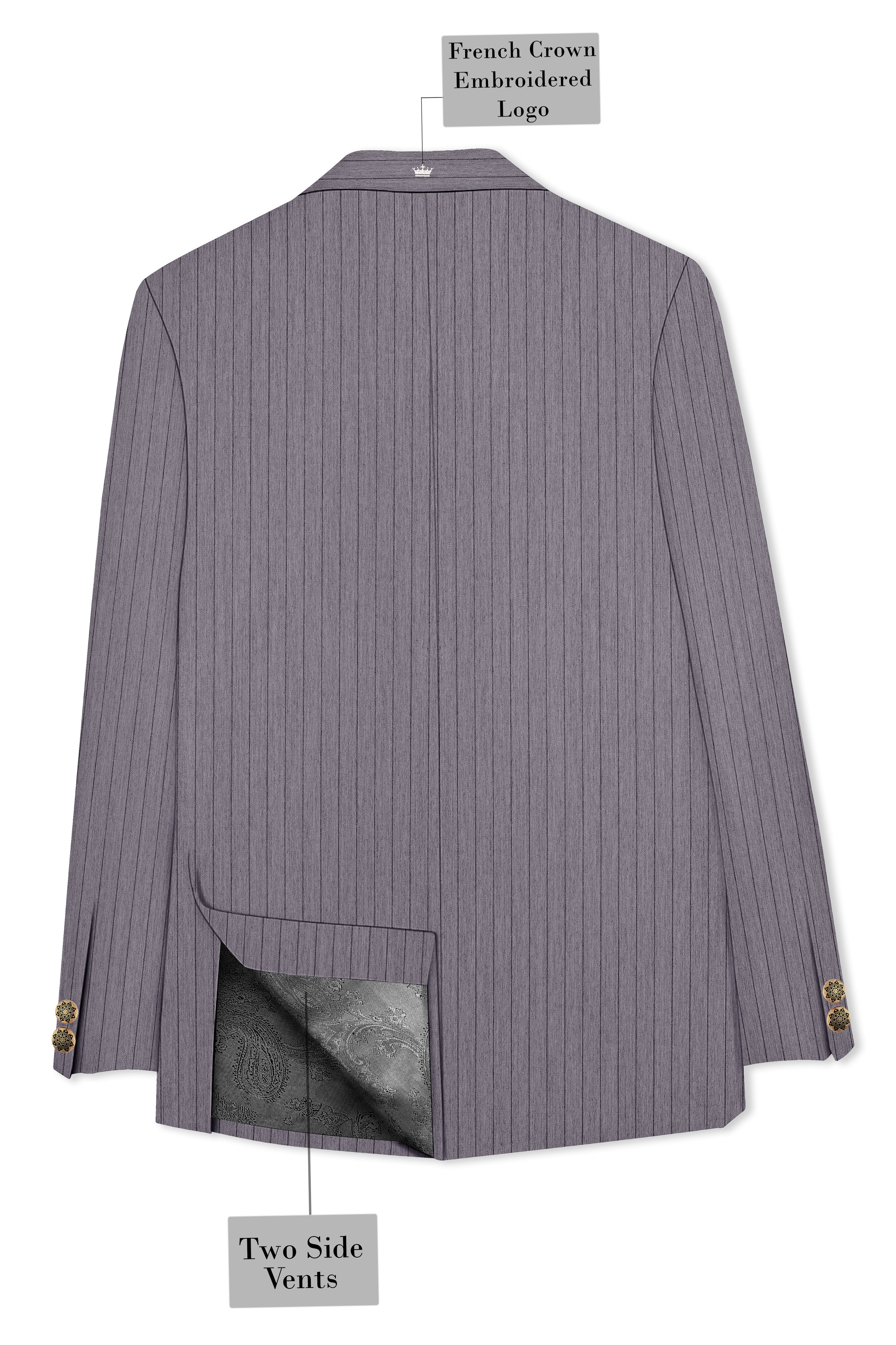 Velmoro-Mauve Gray Pin Striped Wool Rich Cross Placket Bandhgala Slight Stretch Blazer