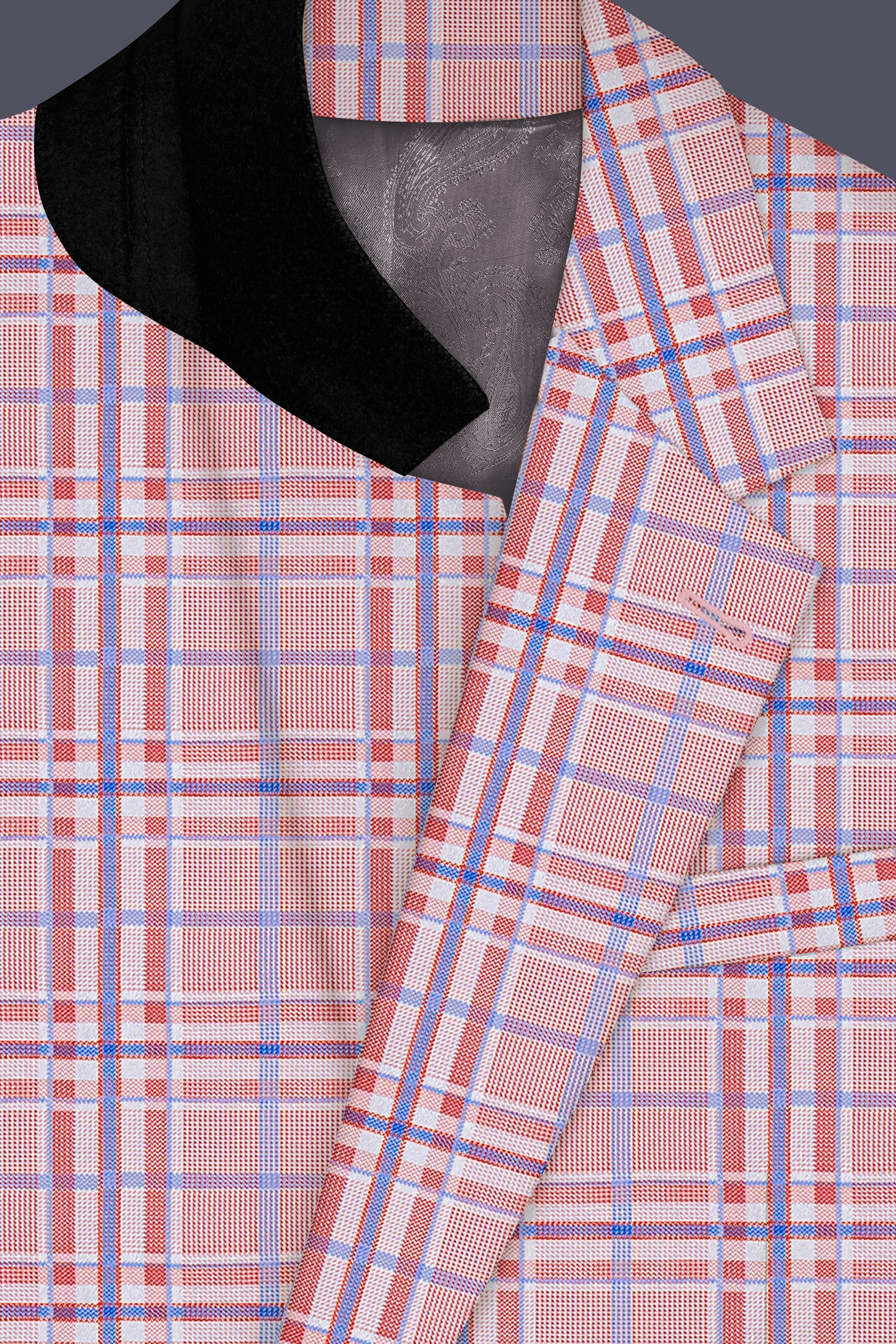 Velour-Turkish Rose Pink And Wild Blue Plaid Wool Rich Single Breasted Blazer