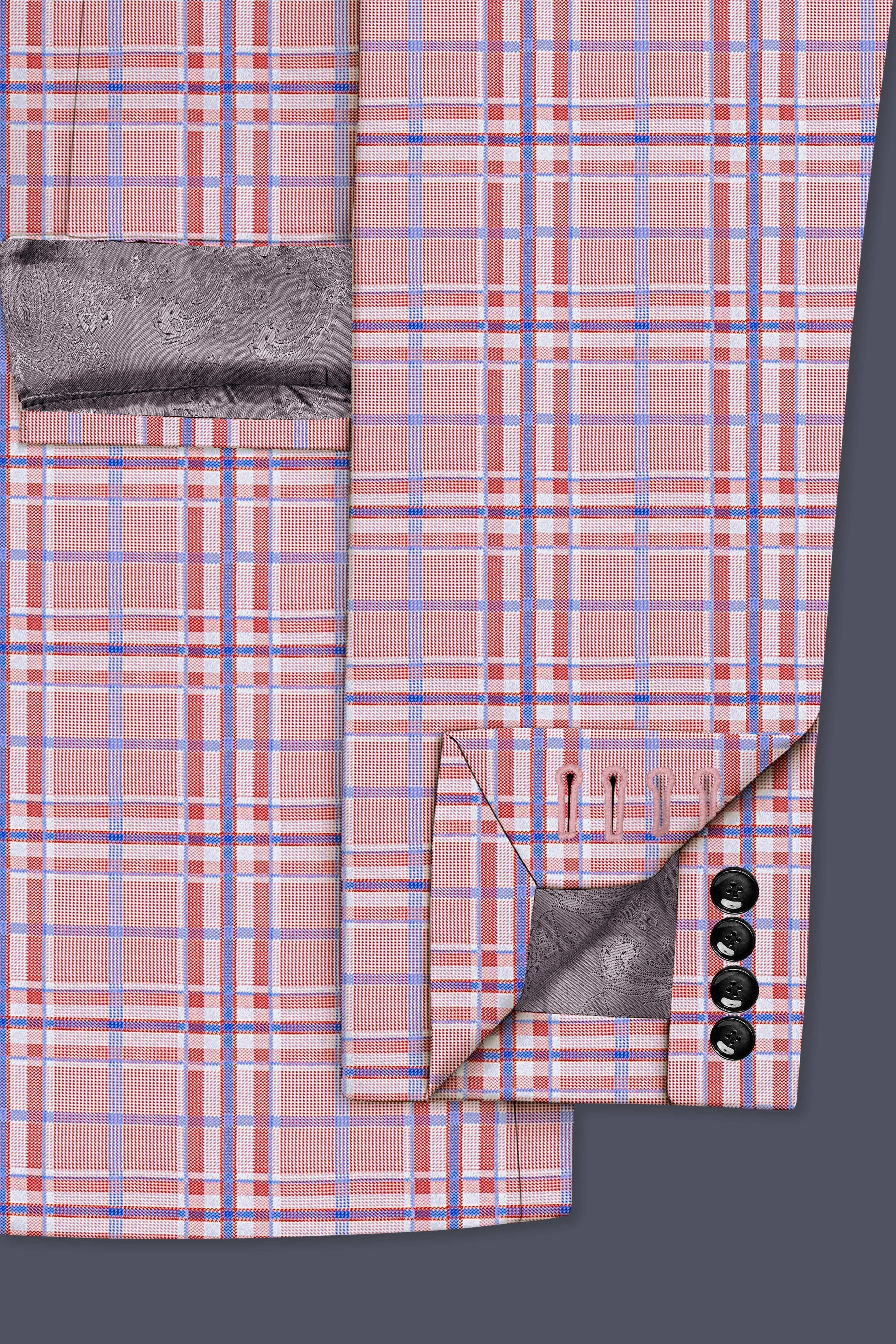 Velour-Turkish Rose Pink And Wild Blue Plaid Wool Rich Single Breasted Blazer