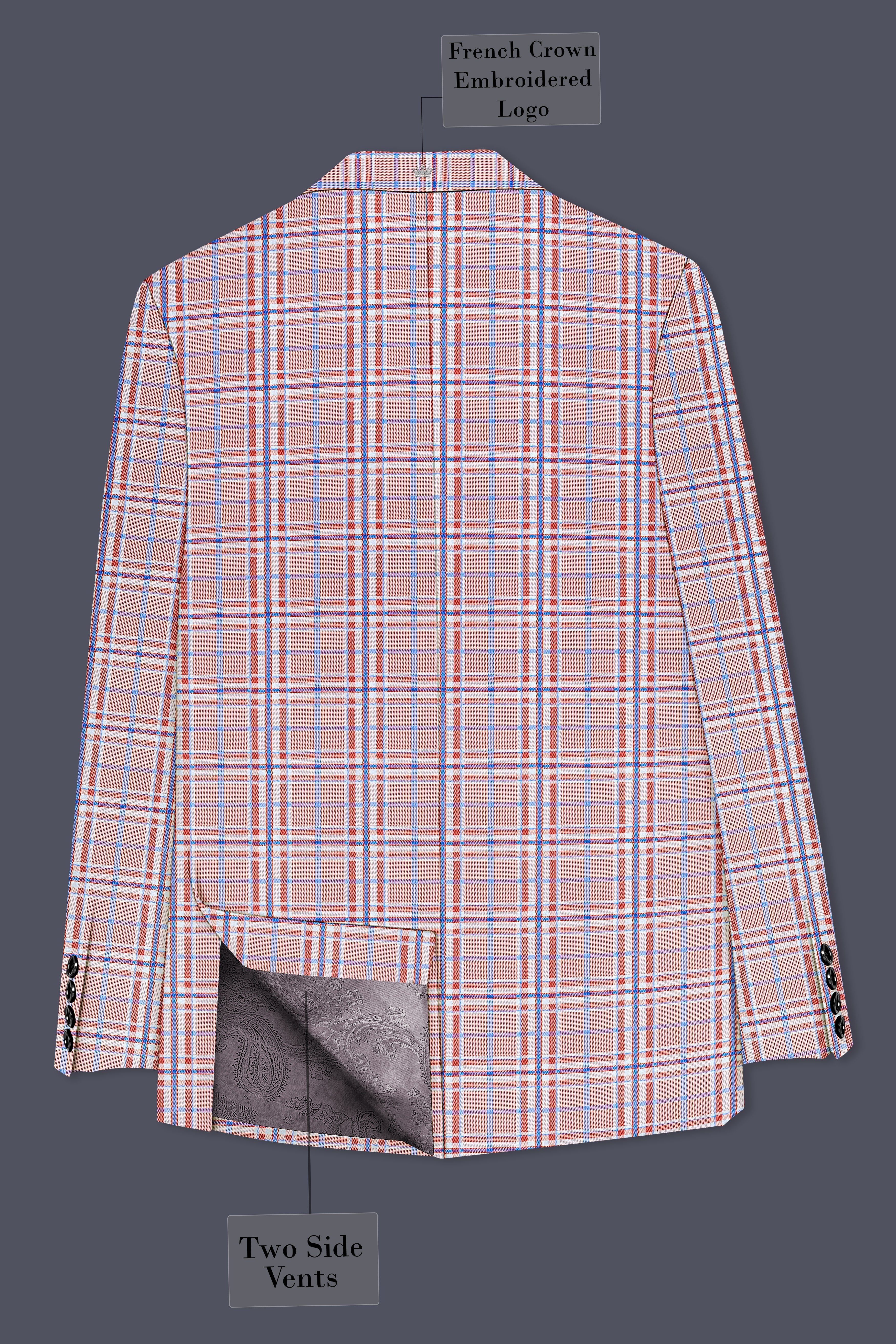 Velour-Turkish Rose Pink And Wild Blue Plaid Wool Rich Single Breasted Blazer