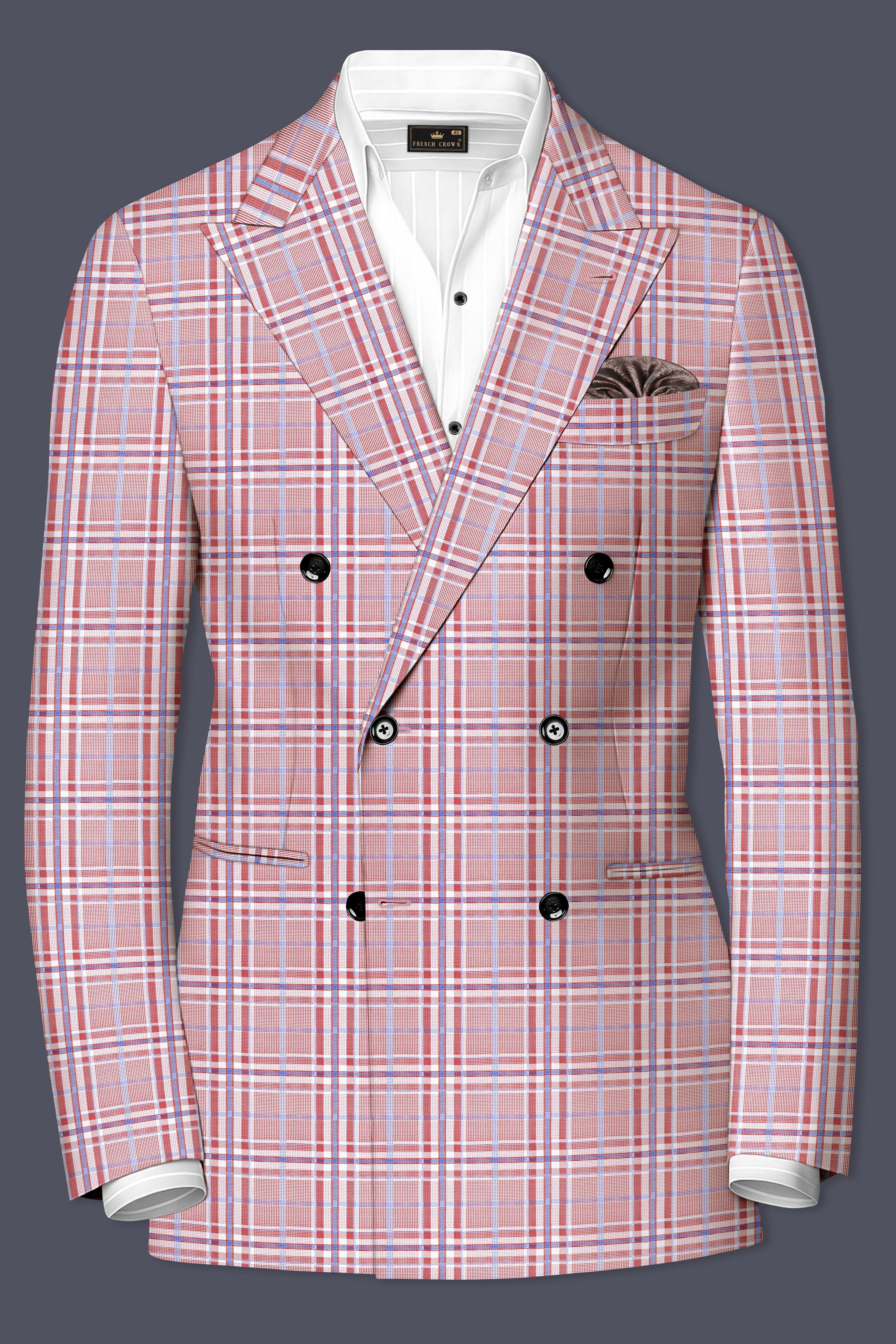Velour-Turkish Rose Pink And Wild Blue Plaid Wool Rich Double Breasted Blazer
