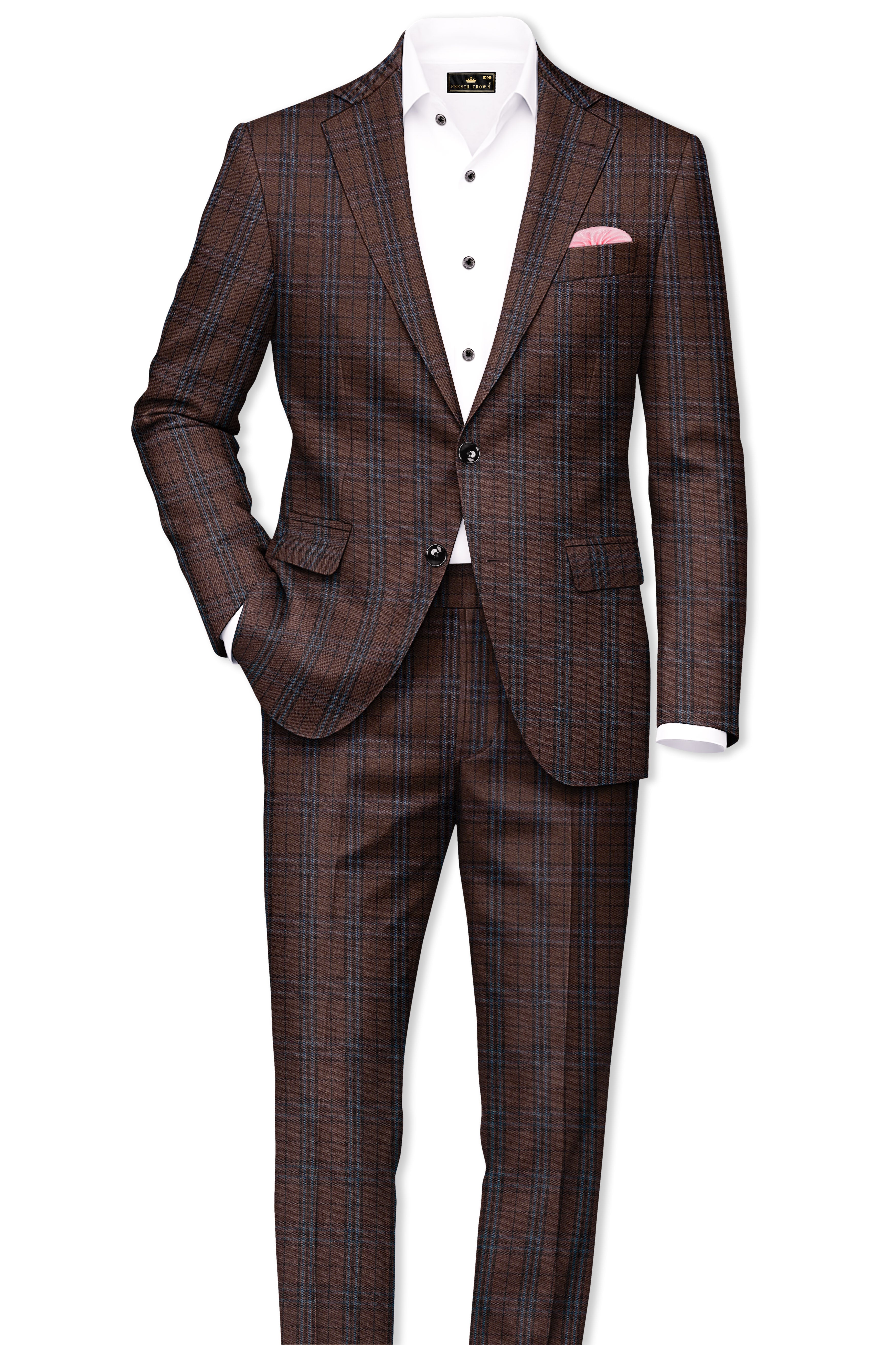 Cedar-Gingerbread Brown Plaid Wool Rich Single Breasted Blazer