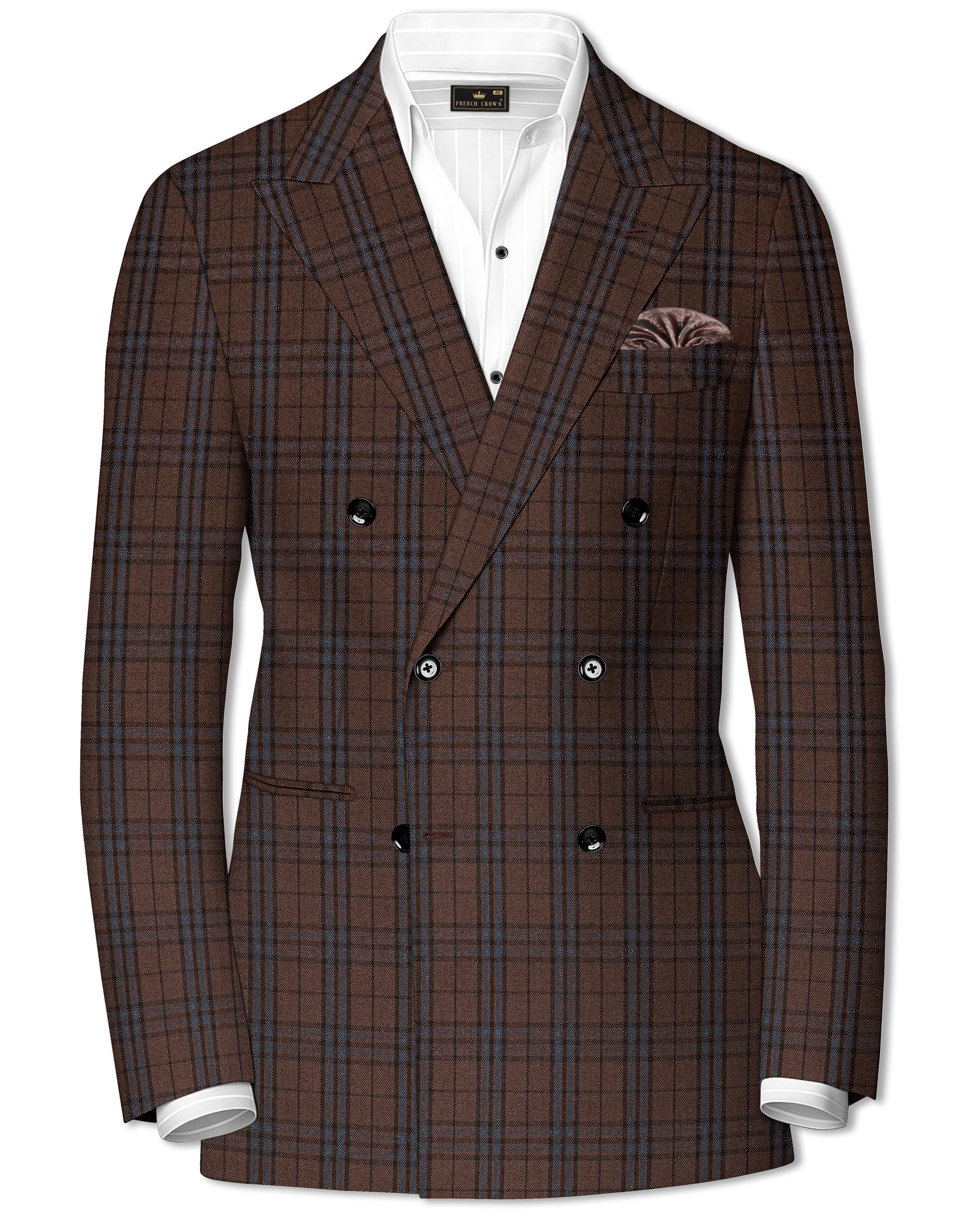 Cedar-Gingerbread Brown Plaid Wool blend Double Brested Blazer