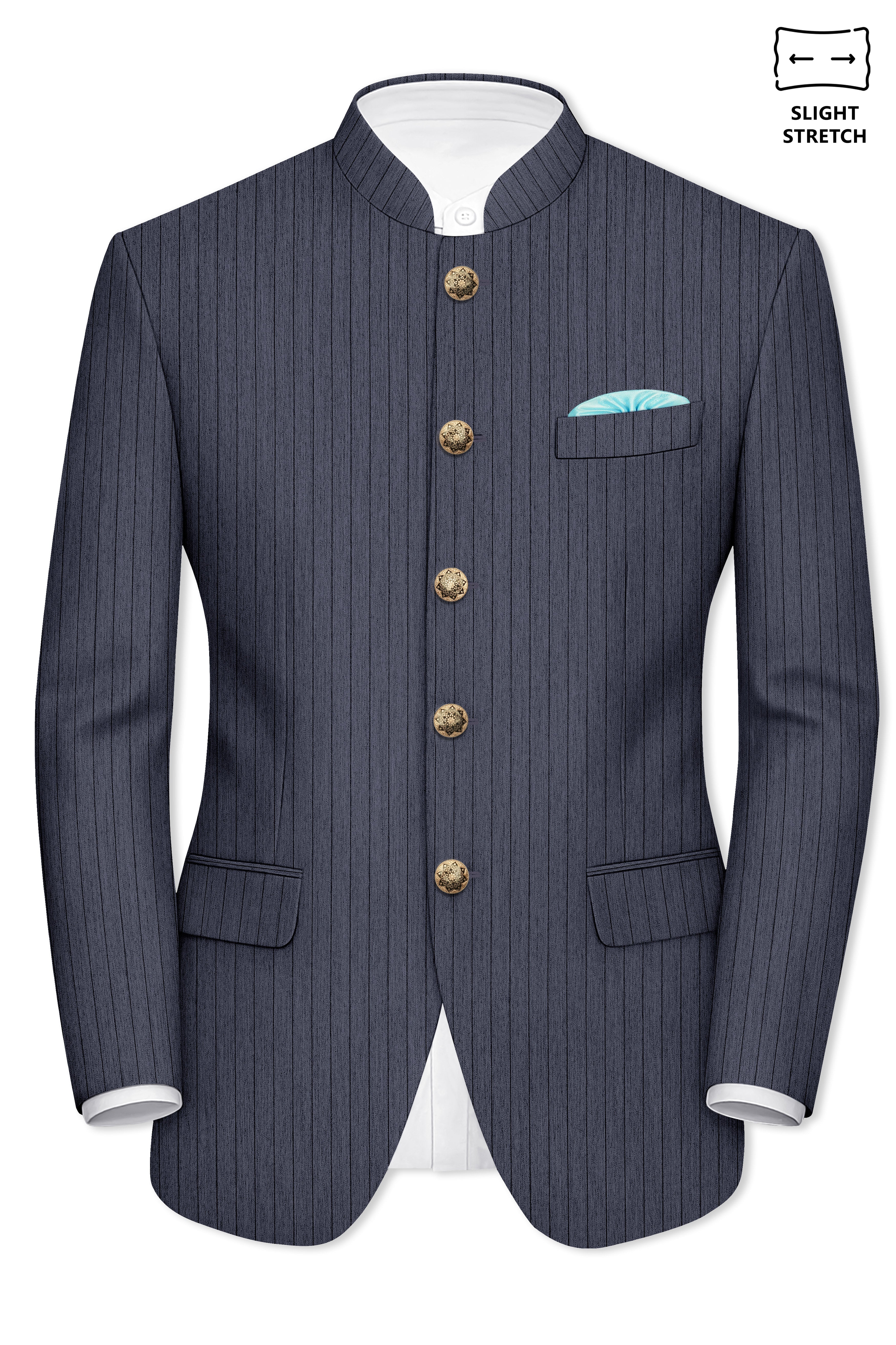 Azurion-Ninja Blue Pin Striped Wool Rich Slight Stretch Bandhgala Blazer